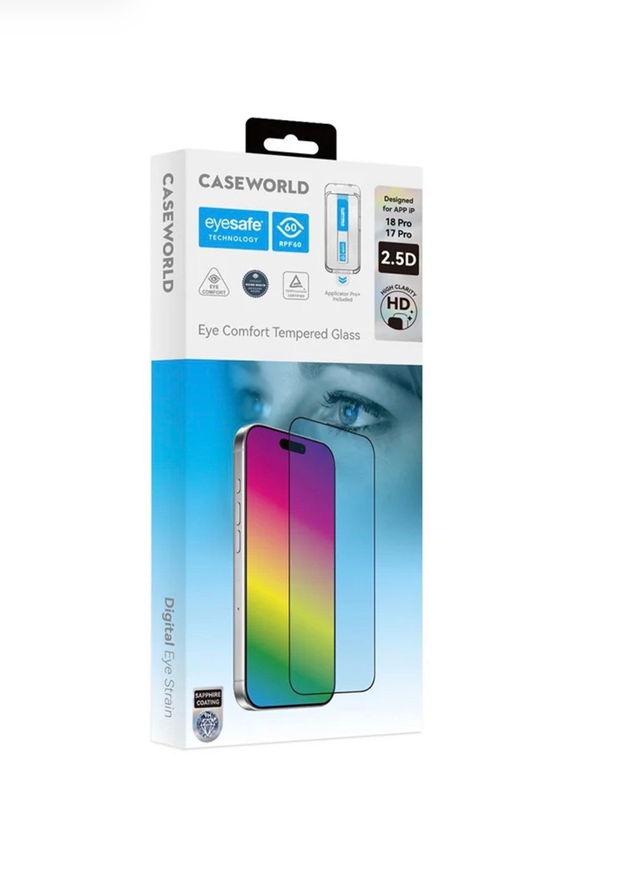 İphone 18 Pro /17 Pro CaseWorld Applicator Serisi2.5D Eyesafe Teknolojili Safir Kaplamalı,0.33m, Düşük Mavi Işık Temperli Cam Ekran Koruyucu