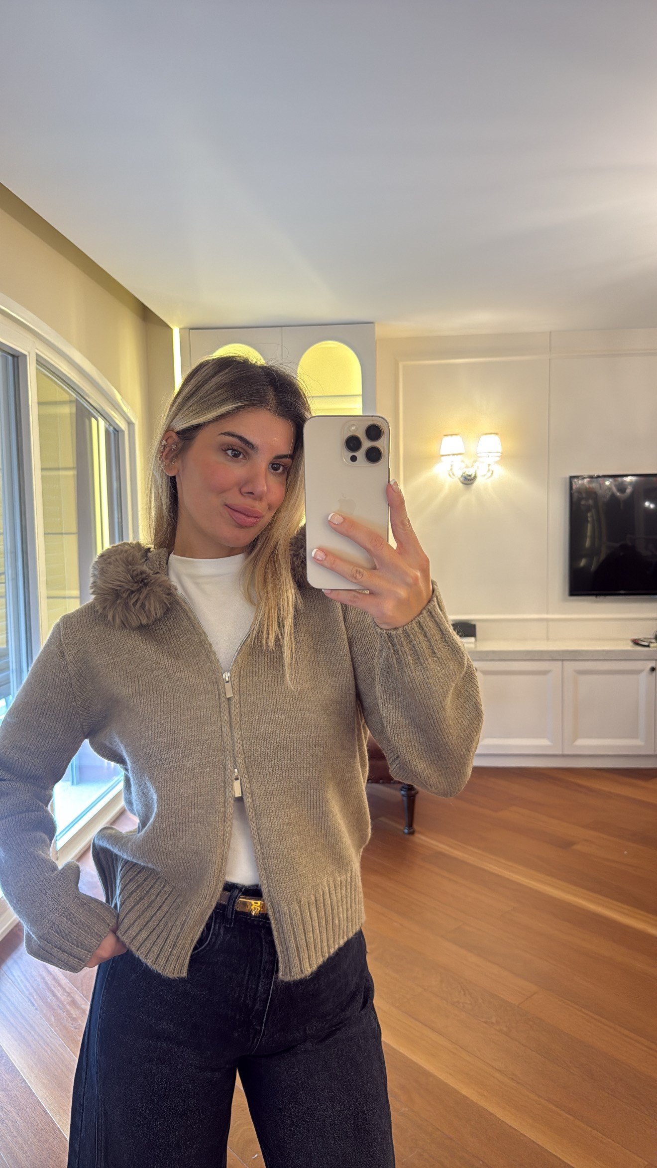 Yakası Kürklü Premium Fermuarlı Hırka Vizon