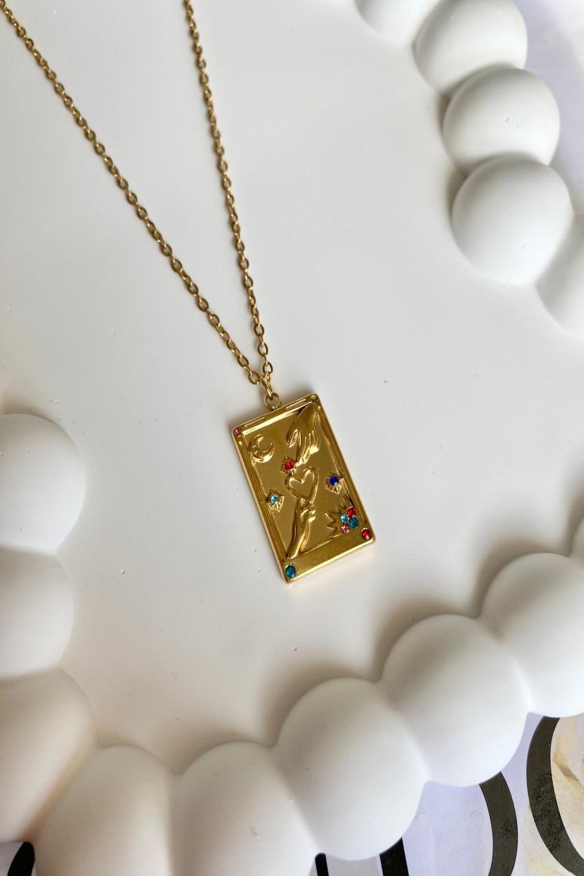 Kadın Çelik Kolye Tarot Seri Düz Zincir Düz Plaka Renkli Taş Lovers Kolye 
