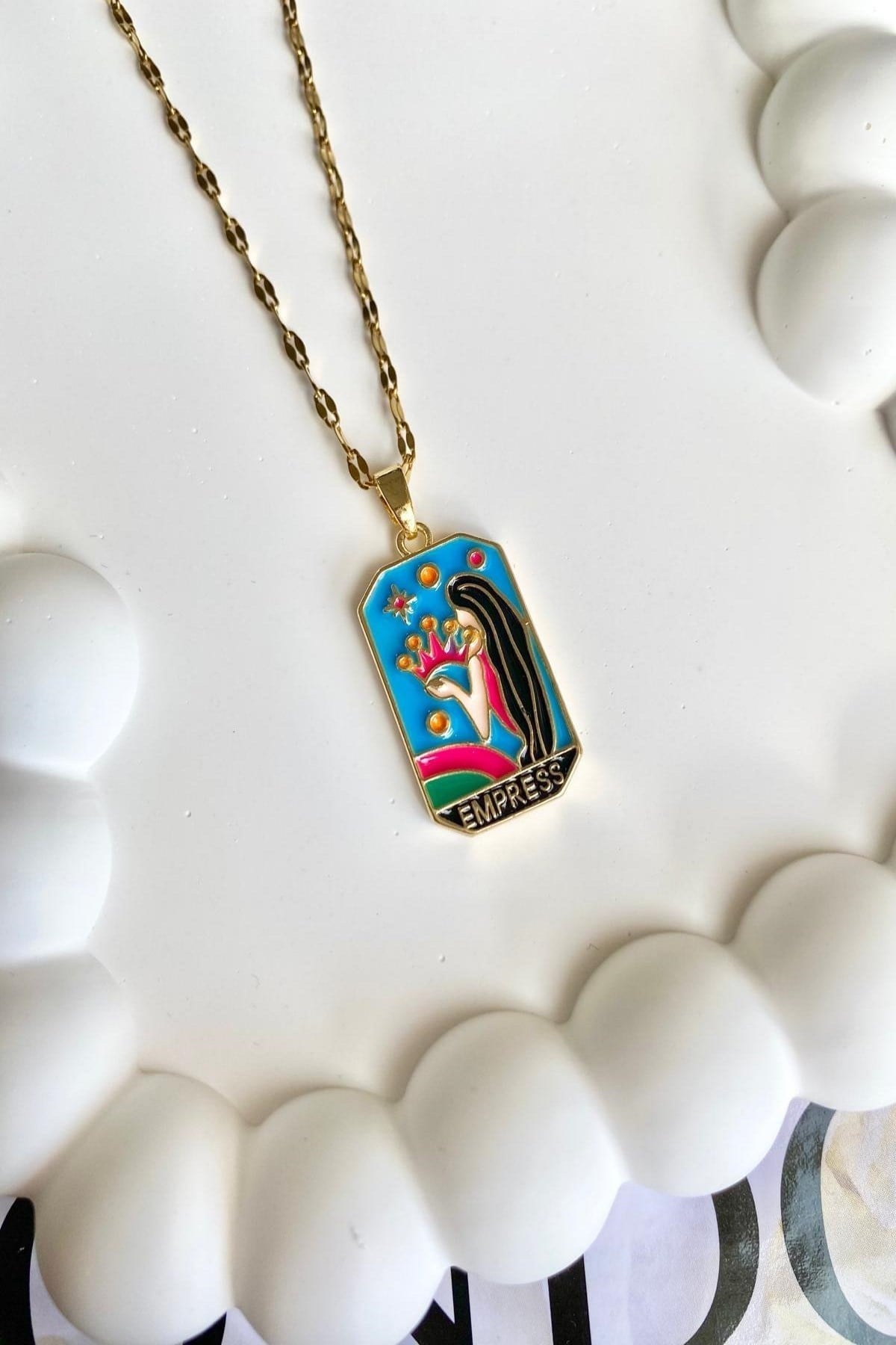 Kadın Çelik Kolye Tarot Seri Yıldız Zincir Renkli Empress Kolye 