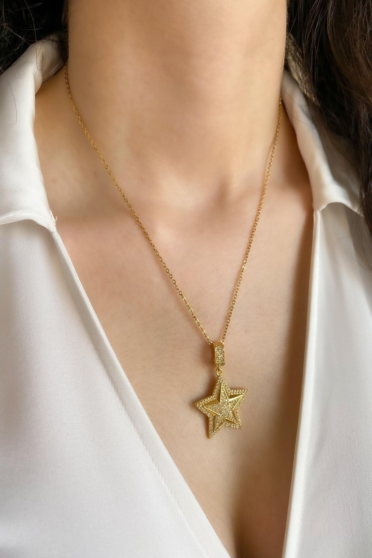 Kadın Çelik Kolye Zirkon Taşlı Star Kolye