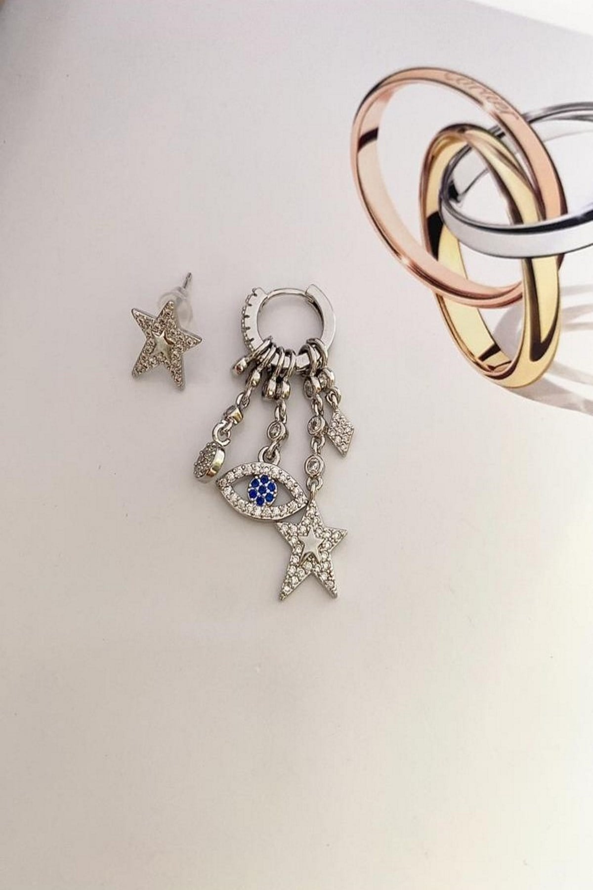 Kadın Küpe İthal Zirkon Mavi Detay Göz Yıldız Model Kararmaz Küpe