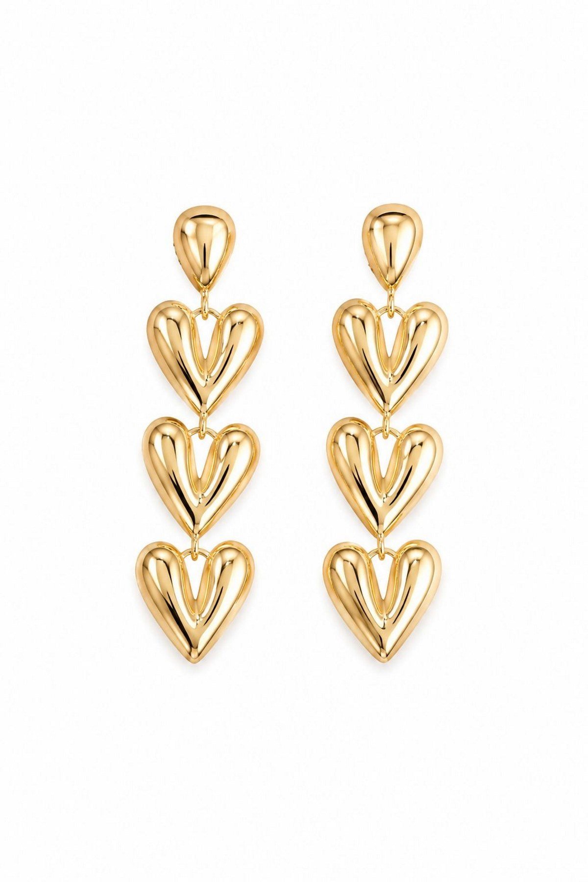 Kadın Küpe Kararmaz 14k Renk Vip Seri Üç Kalp Sallantı 6 cm Küpe