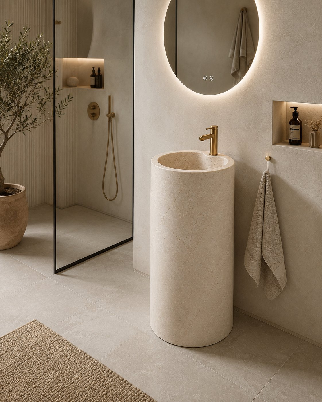Doğal Bej Mermer Monoblok Lavabo