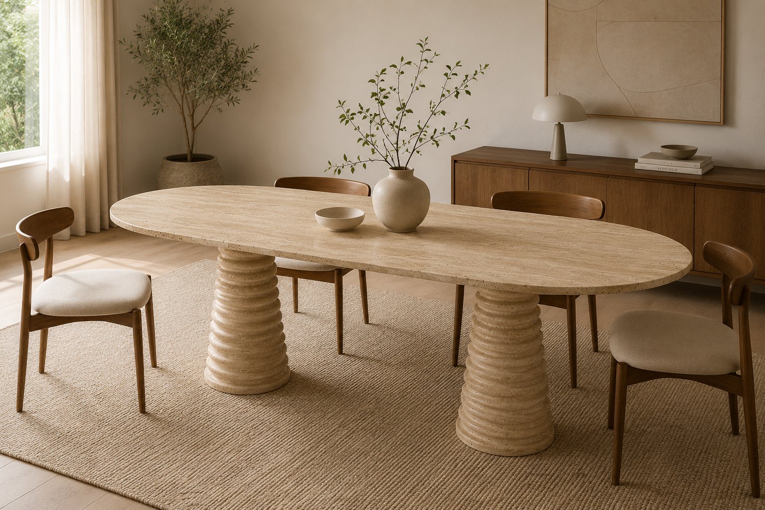 Traverten Oval Yemek Masası – Ribbed Pedestal