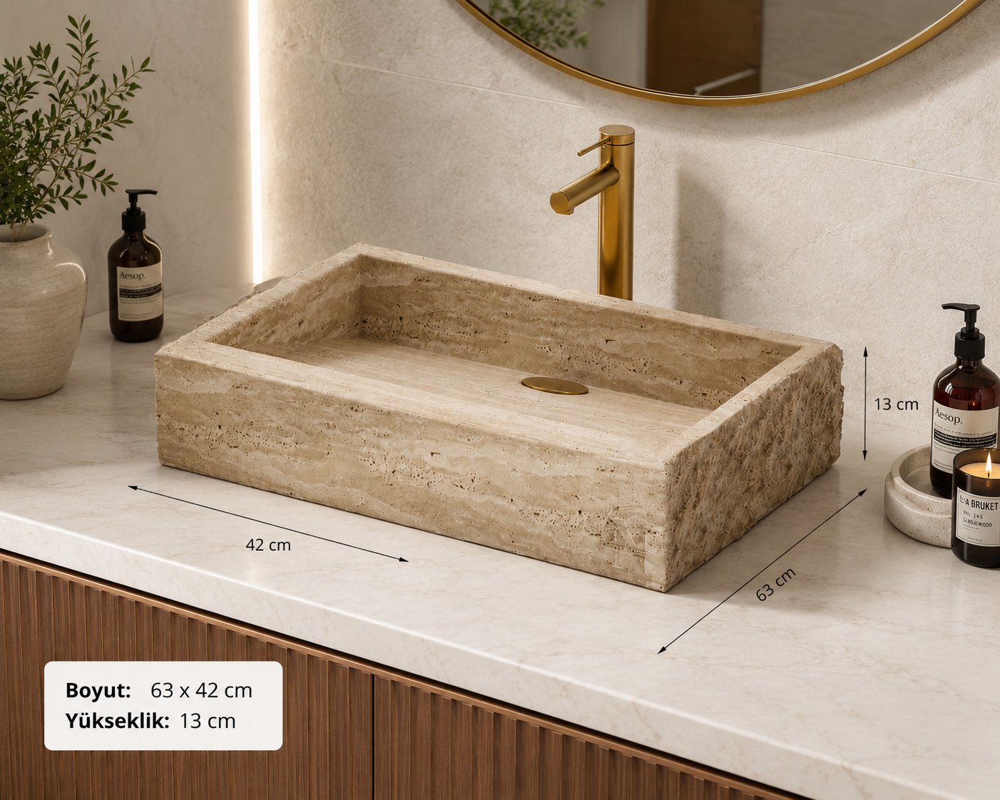 Traverten Taş Dikdörtgen Tezgâh Üstü Lavabo