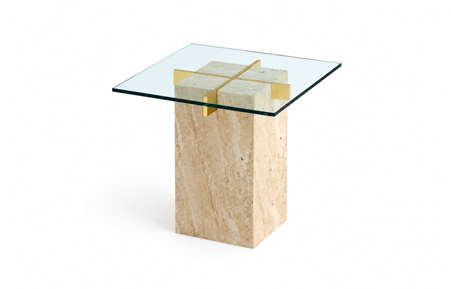 Traverten ve Cam Yan Sehpa – 50×50