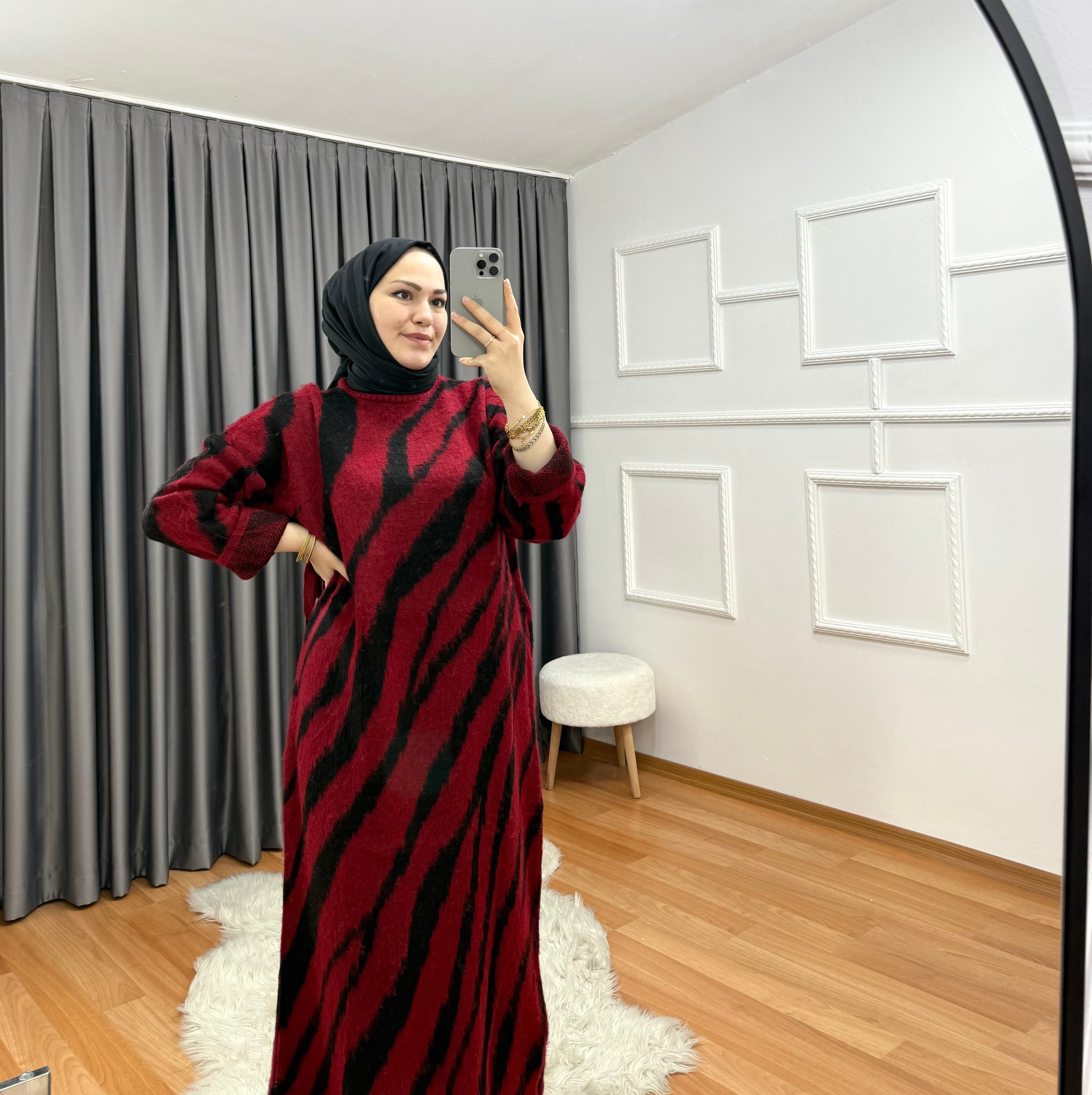 Qub Zebra Elbise Bordo  1058 