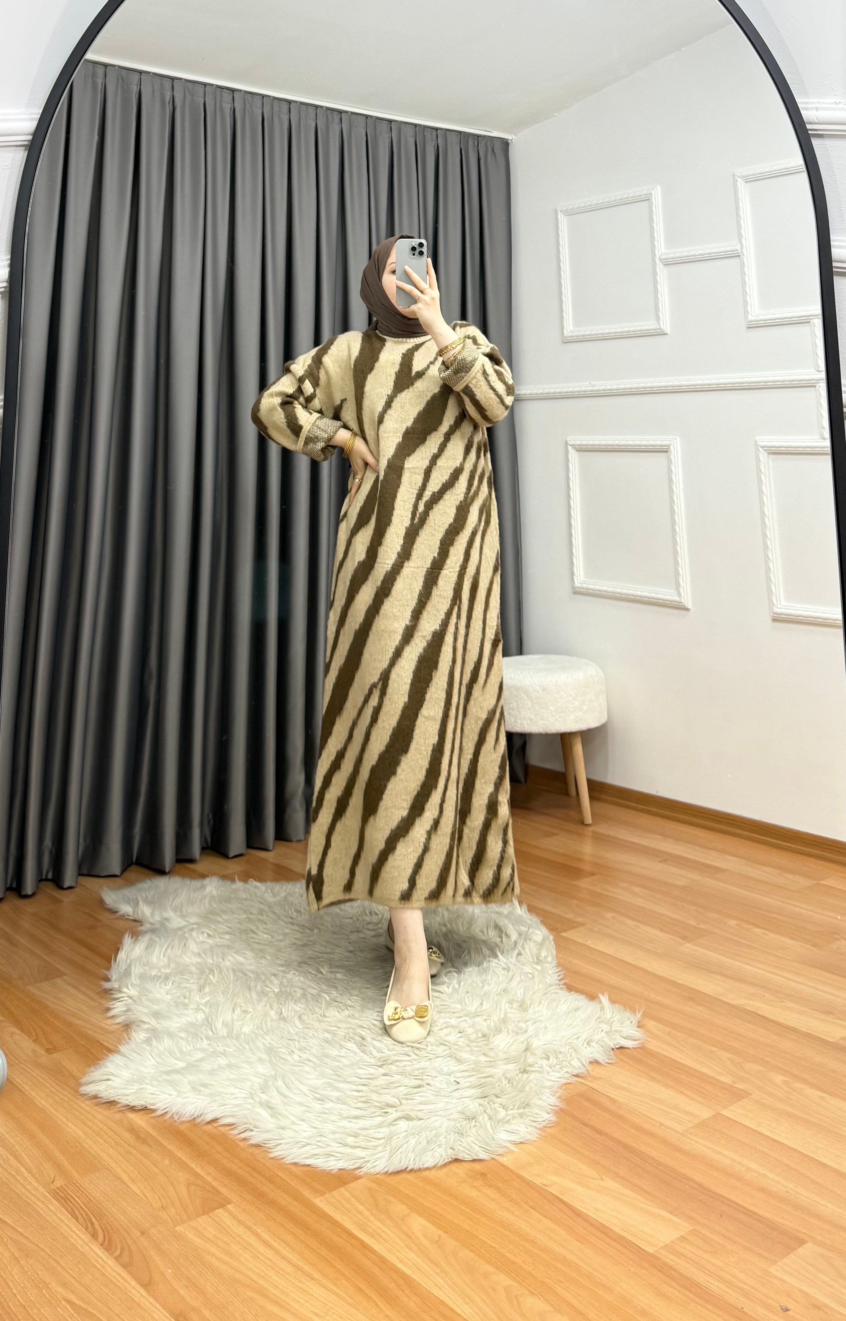 Qub Zebra Elbise Camel 1058 