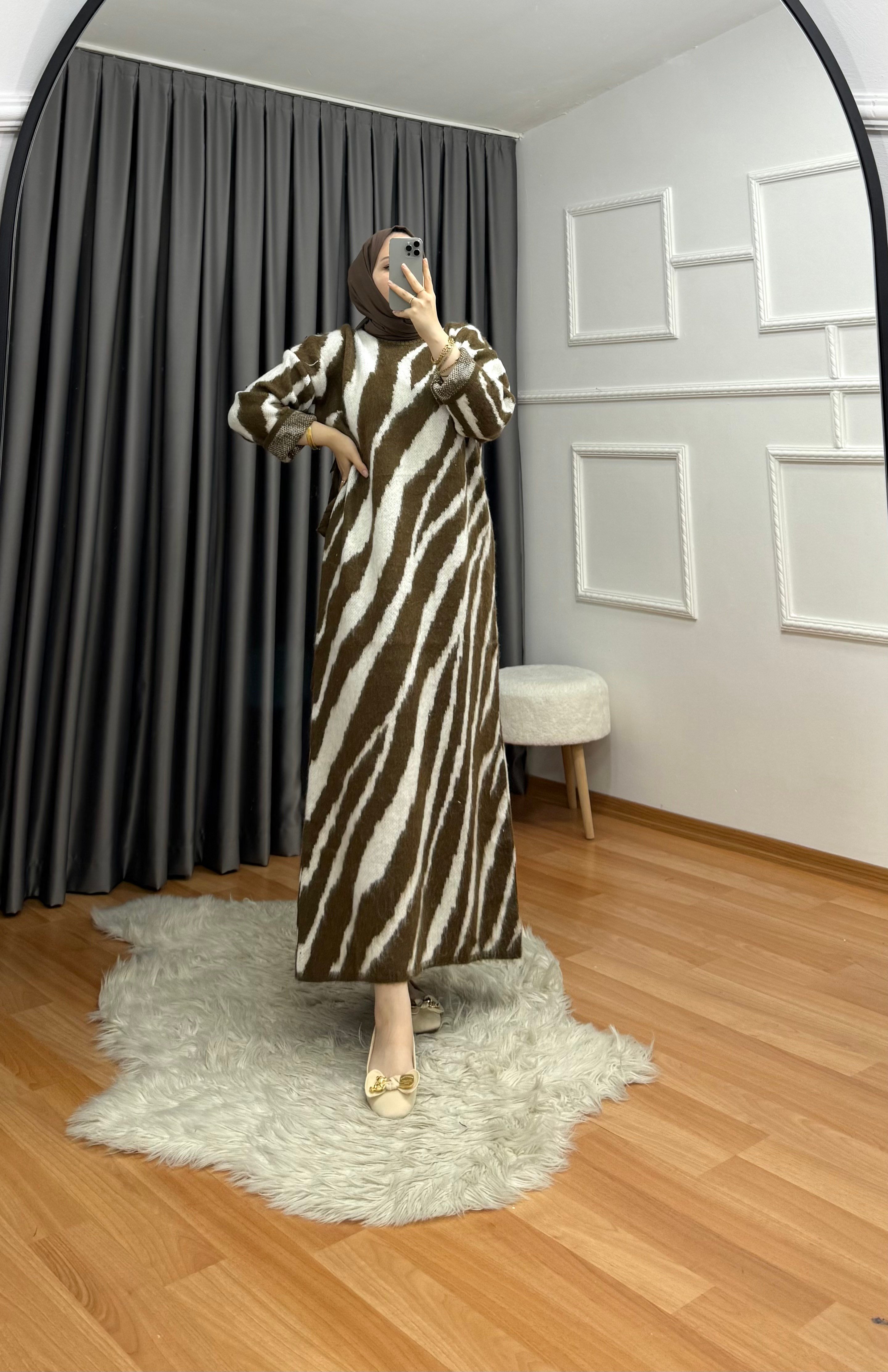 Qub Zebra Elbise Kahve 1058 