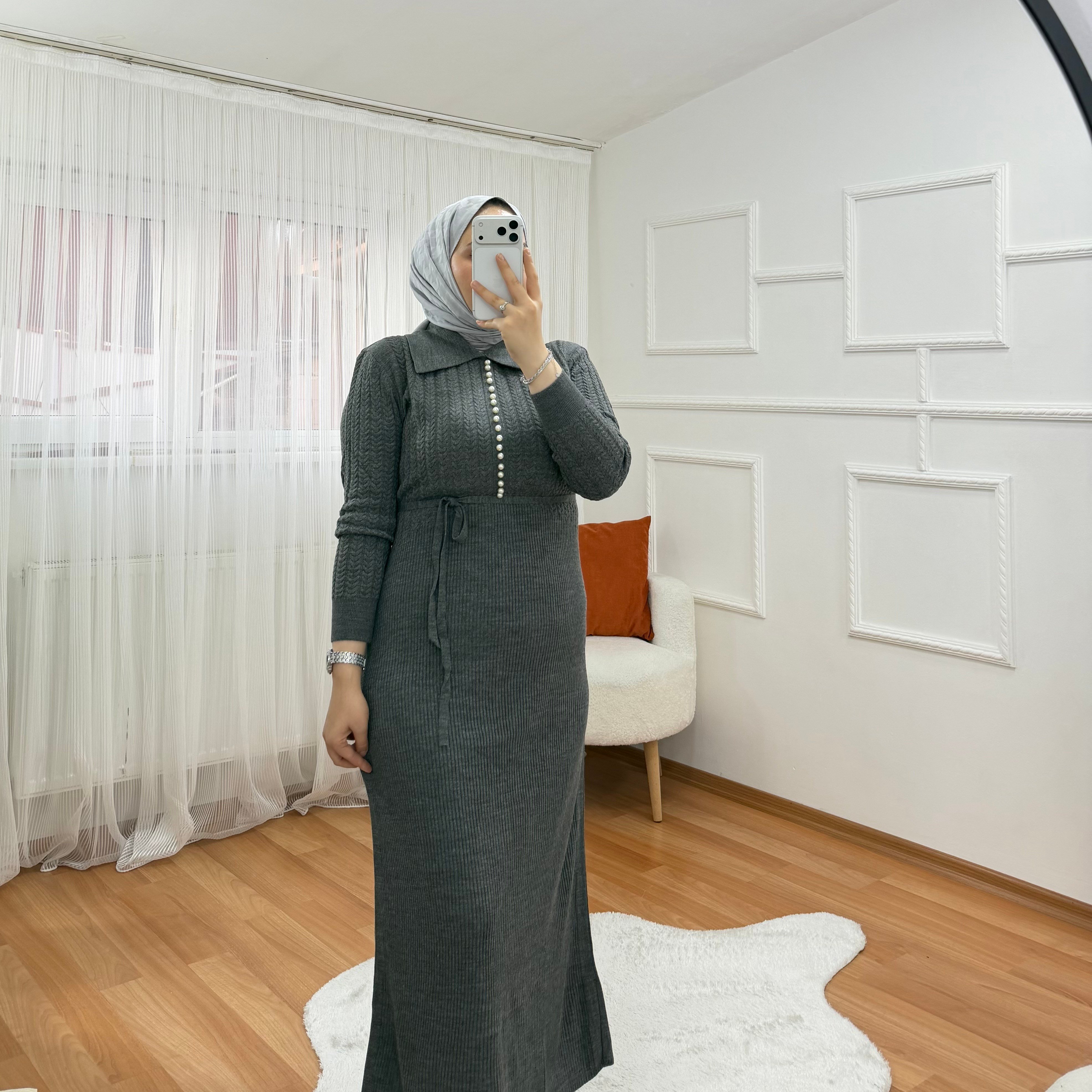 Qub İncili Elbise antrasit  1059 