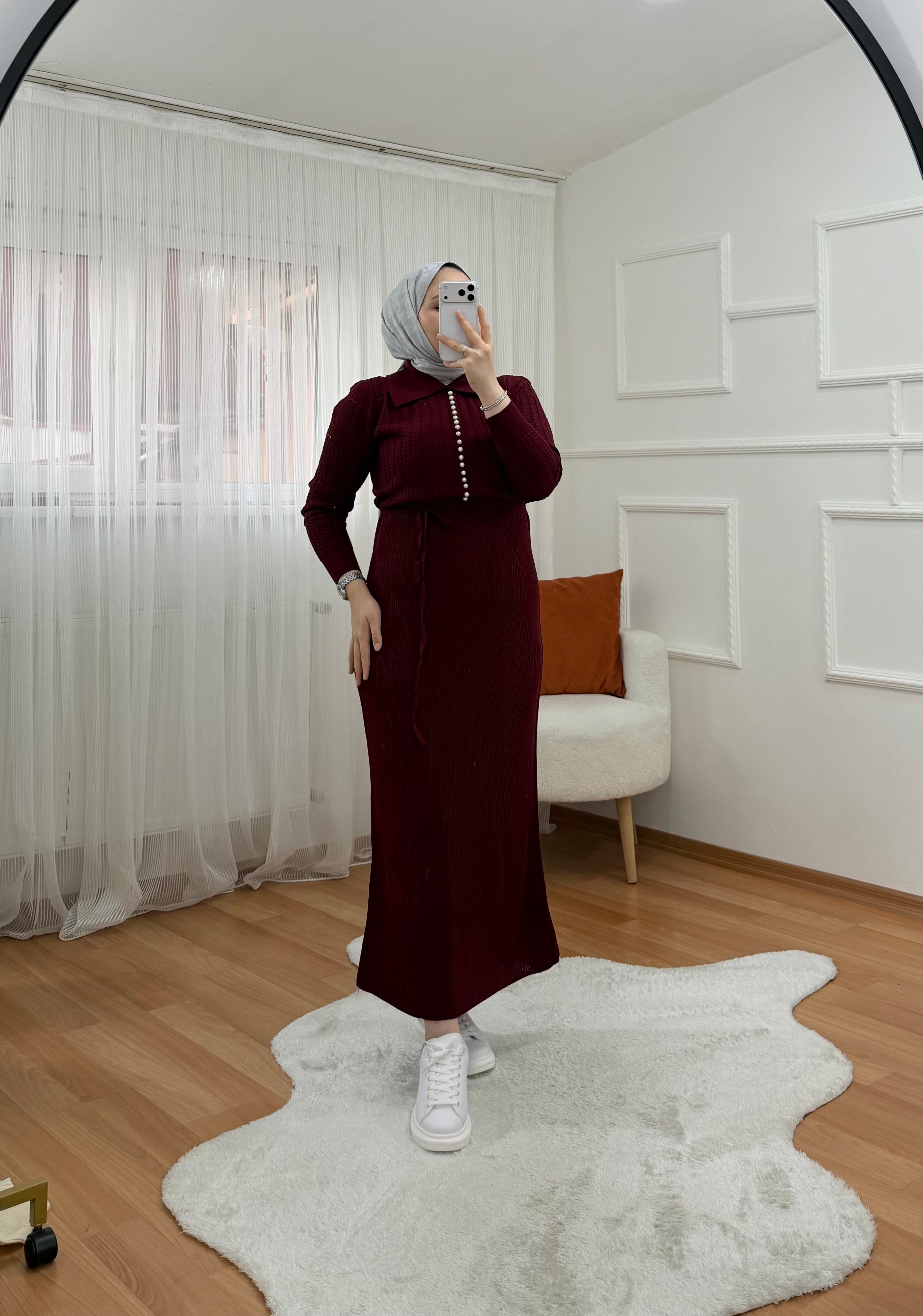 Qub İncili Elbise bordo 1059 