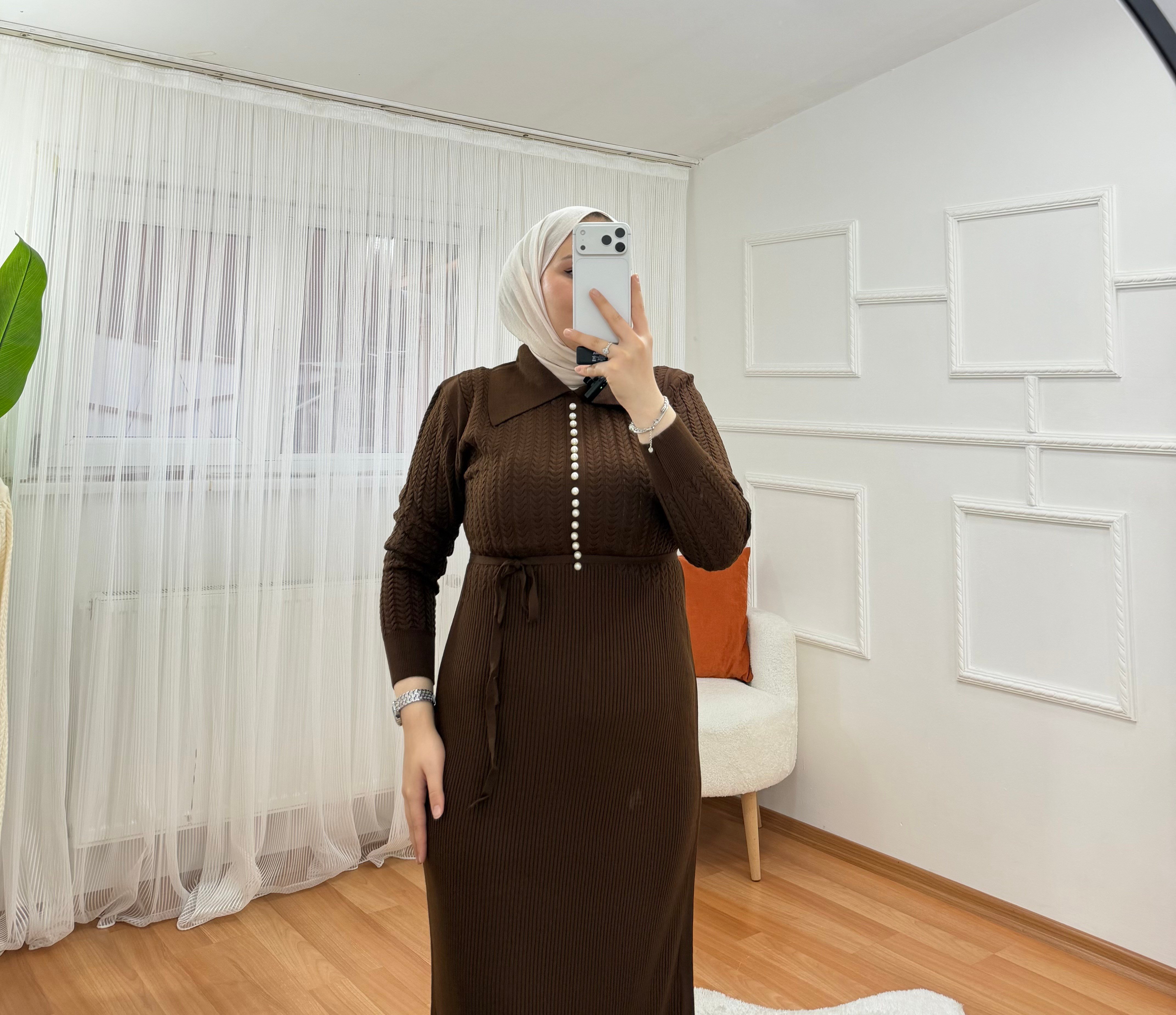 Qub İncili Elbise kahve 1059 