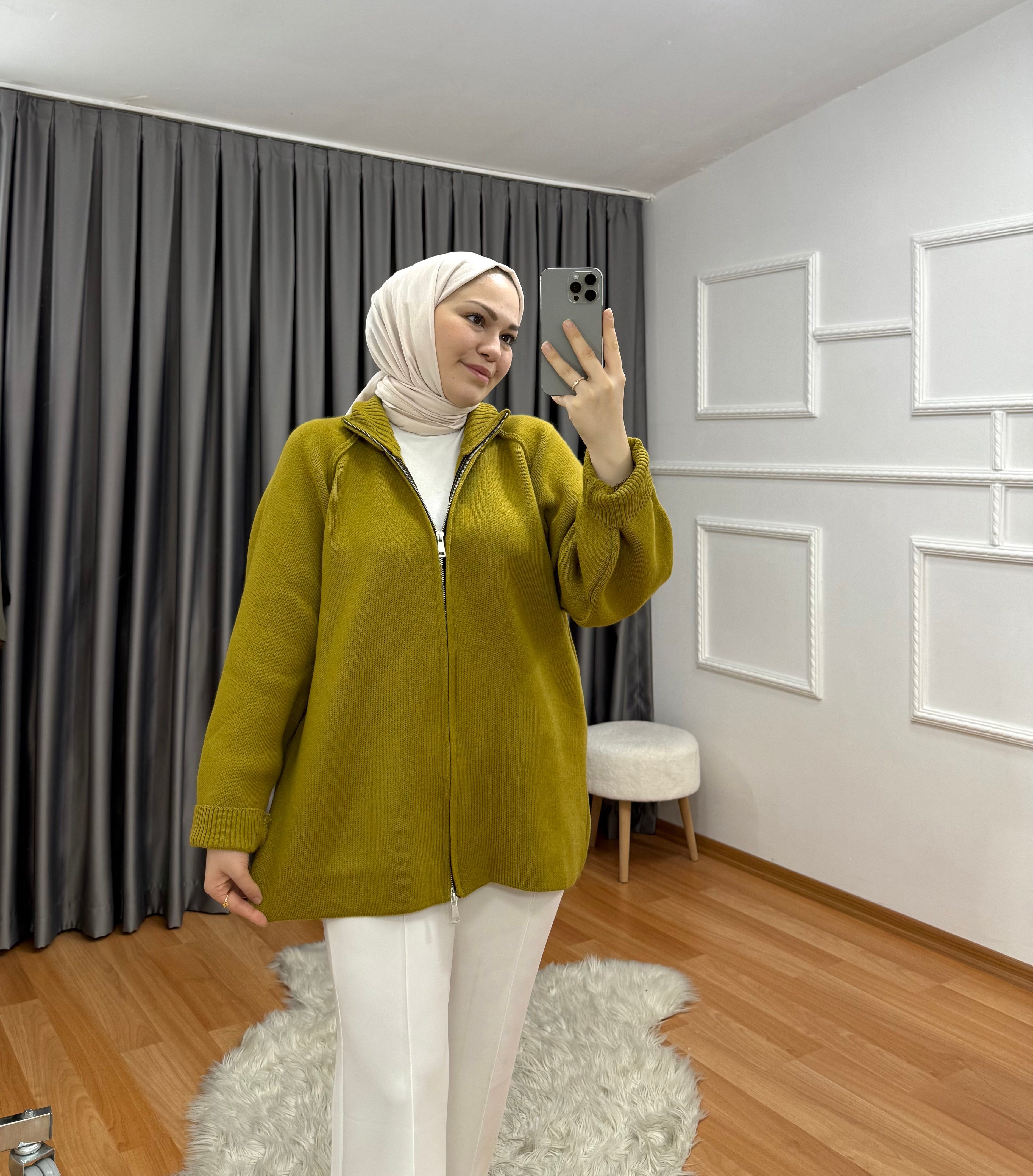 Fermuarlı Hırka Yağ Yeşili 0015 