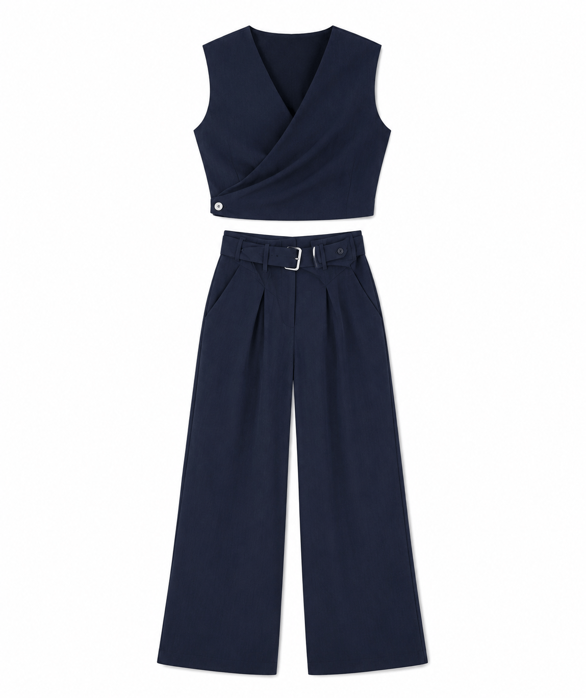 Lacivert Kruvaze Crop Bluz ve Bol Paça Pantolon Takım