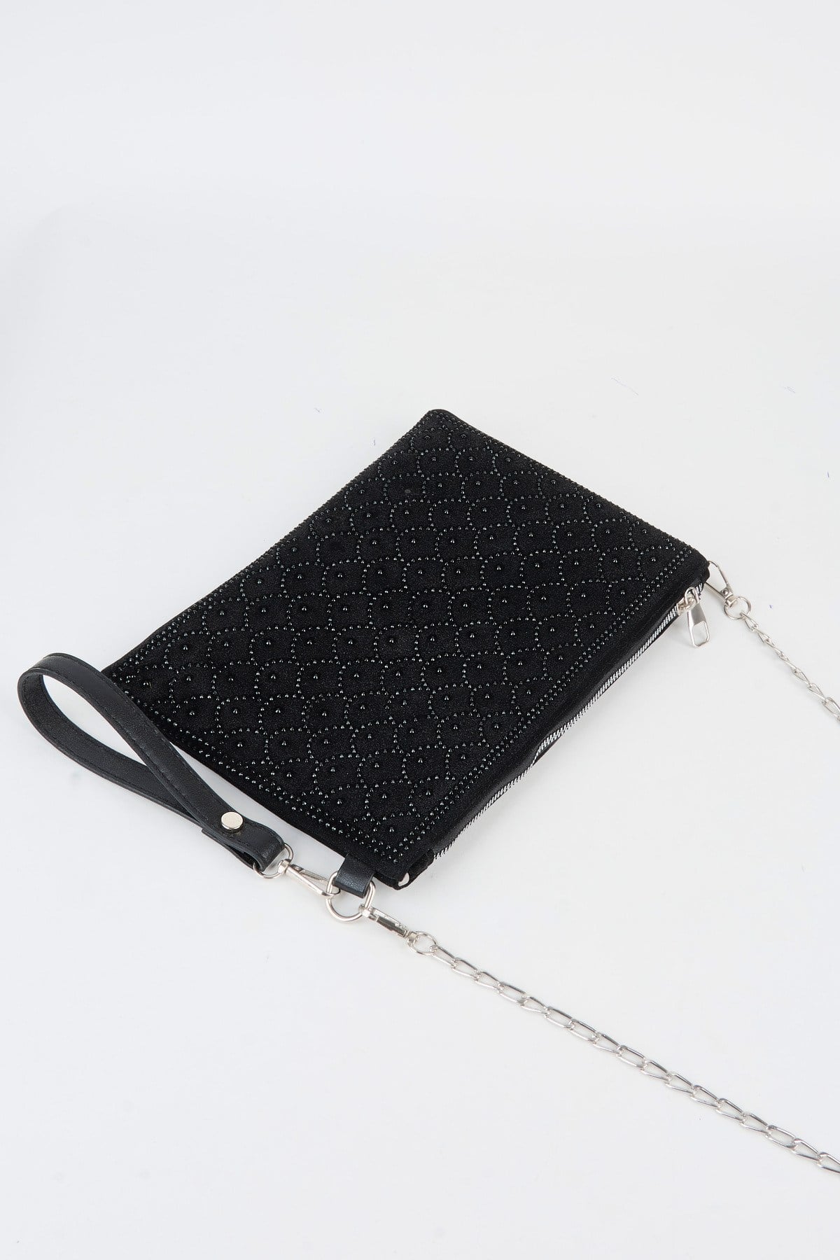 Kadın Balık Siyah Taşlı Süet Bilek Askılı Ve Zincir Askılı Portföy El Ve Clutch Çanta