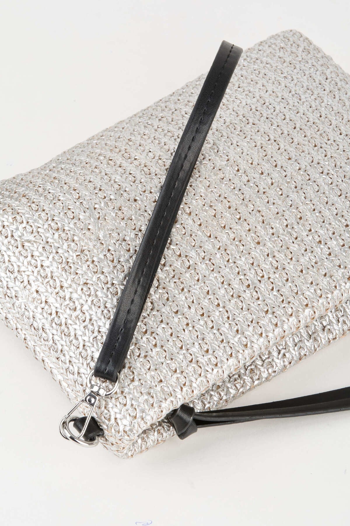 Kadın Bellis Örgü Hasır Gümüş Astarlı Suni Deri Bilek Askılı Portföy El Ve Clutch Çanta
