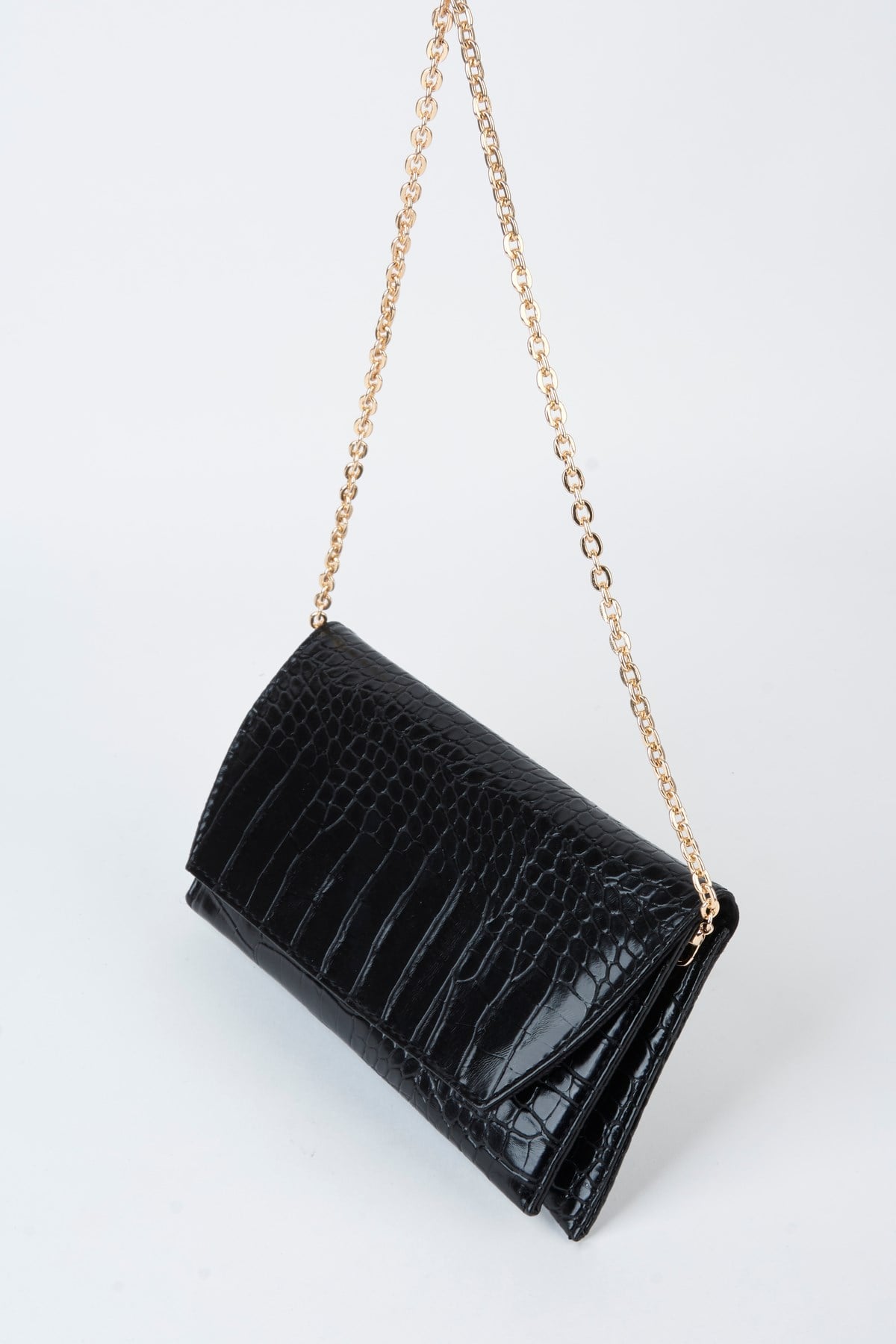 Kadın Croco Siyah Zarf Tasarım 2 Bölmeli Mini Zincir Askılı Çıt Çıt Kapama Clutch Ve El Çantası