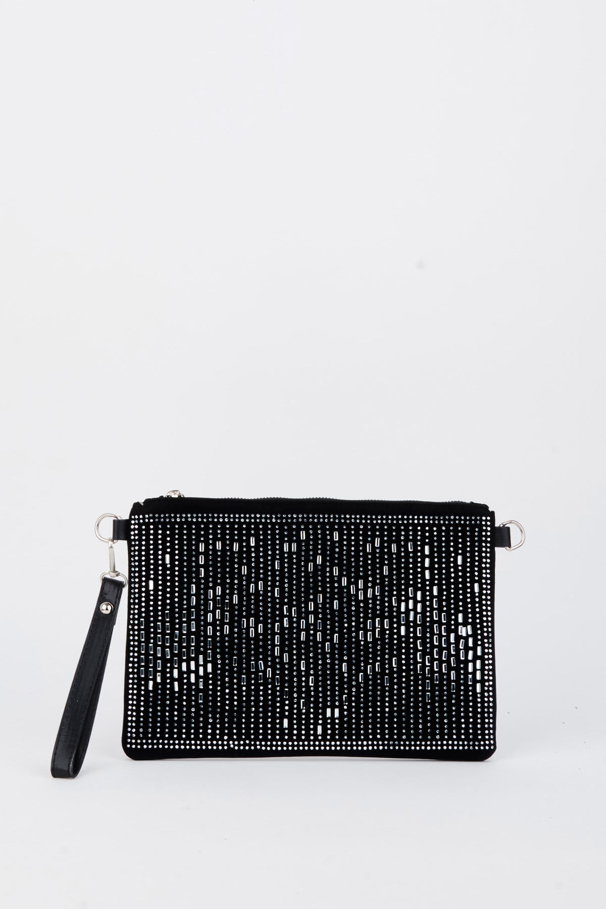 Kadın Dikey Gümüş Taşlı Süet Bilek Askılı Ve Zincir Askılı Portföy El Ve Clutch Çanta