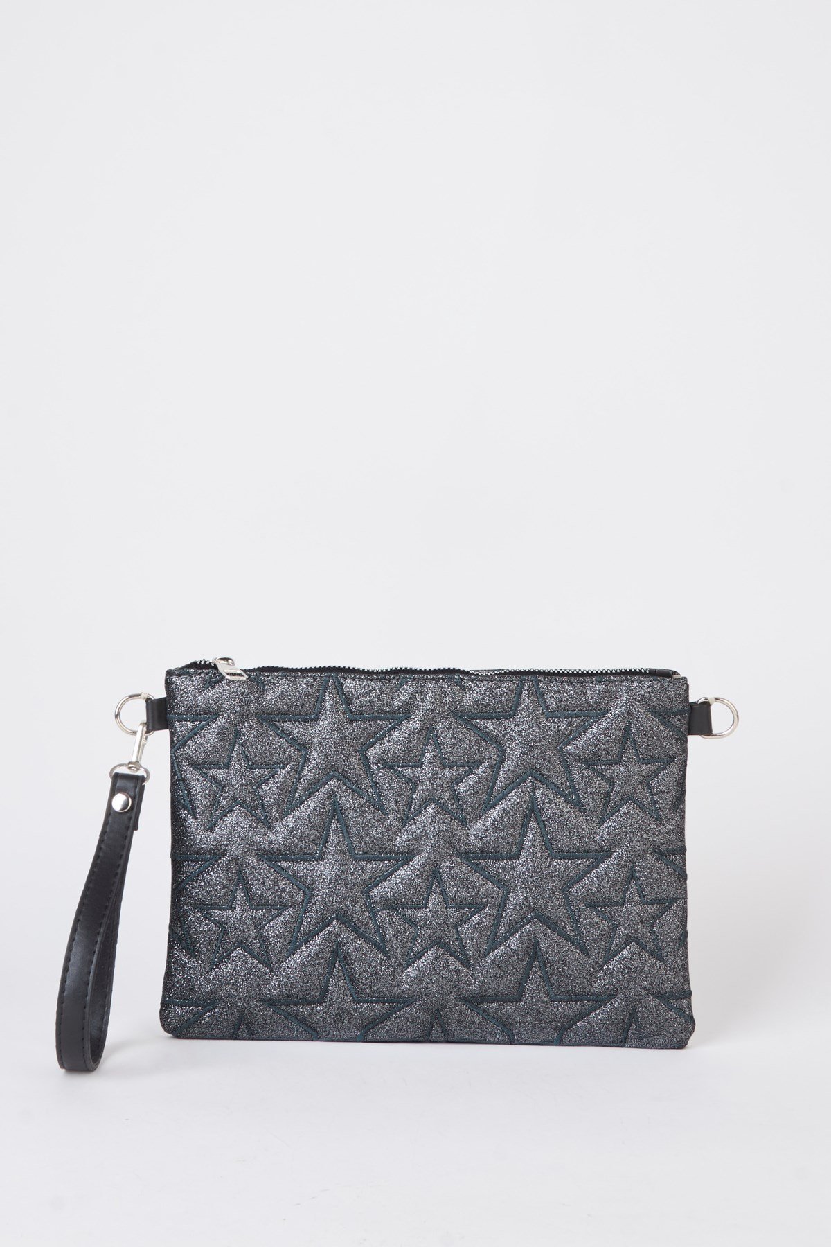 Kadın Füme Simli Yıldız Nakışlı Suni Deri Bilek Ve Zincir Askılı Portföy El Ve Clutch Çanta