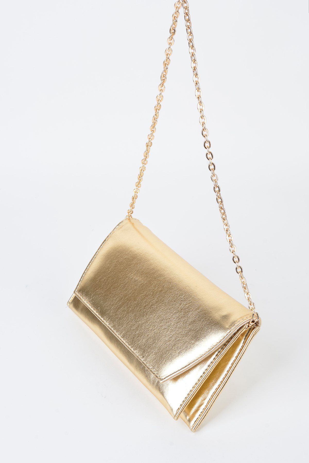 Kadın Gold Rugan Zarf Tasarım 2 Bölmeli Mini Zincir Askılı Çıt Çıt Kapama Clutch Ve El Çantası