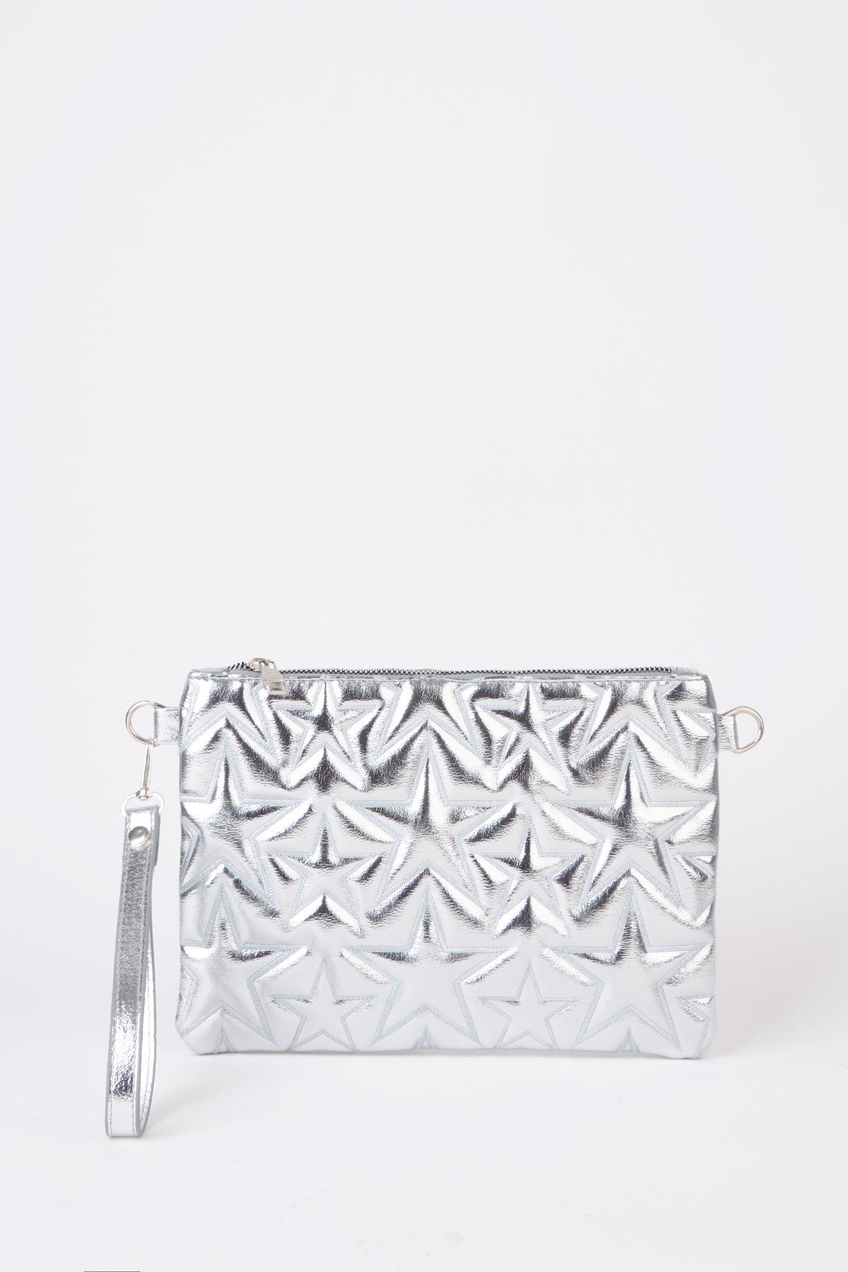 Kadın Gümüş Yıldız Nakışlı Rugan Deri Bilek Ve Zincir Askılı Portföy El Ve Clutch Çanta