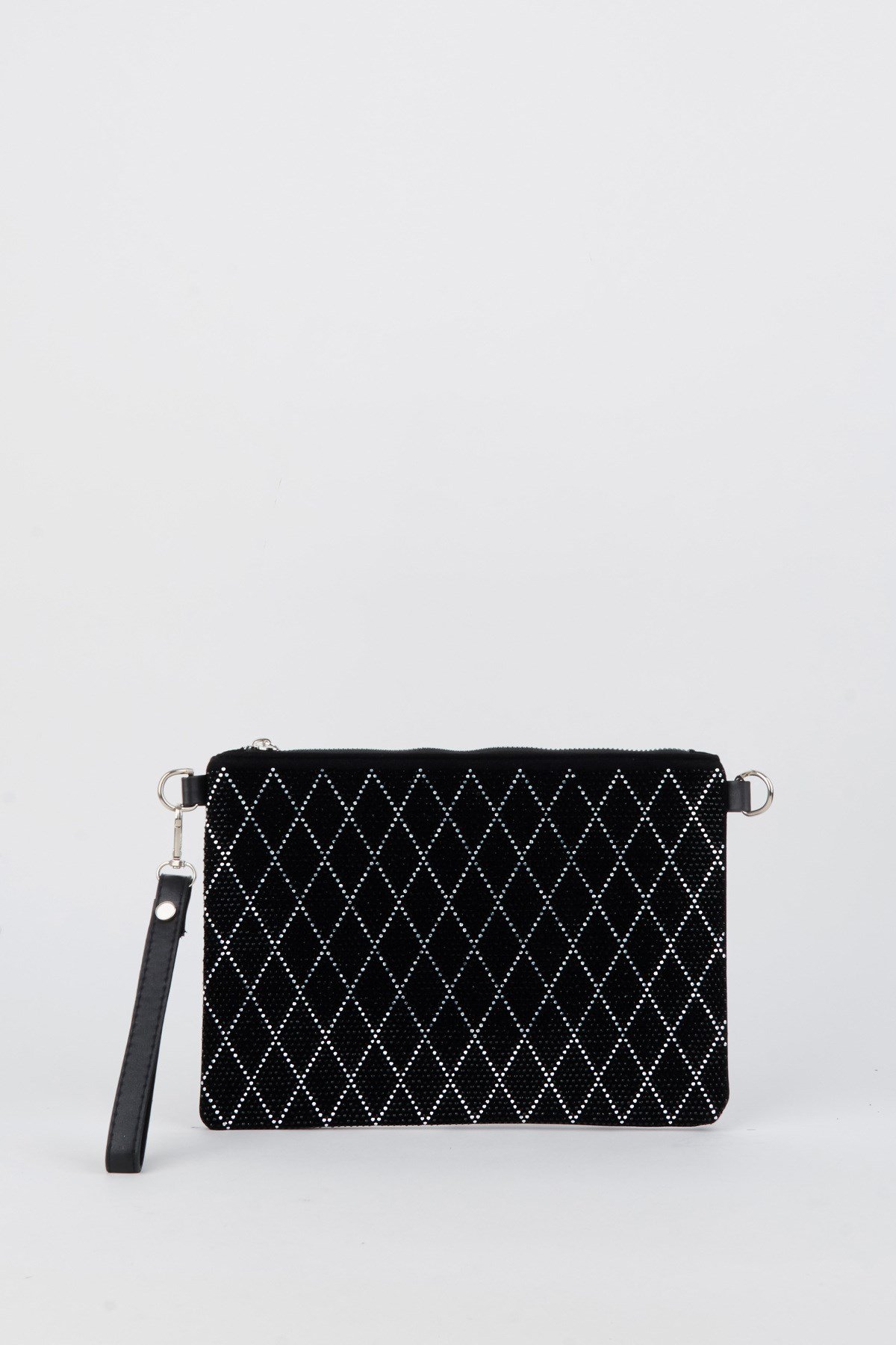Kadın İnce Baklava Gümüş Taşlı Süet Bilek Askılı Ve Zincir Askılı Portföy El Ve Clutch Çanta