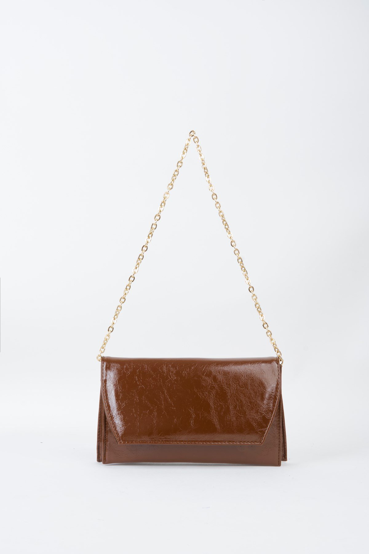 Kadın Kahve Zarf Tasarım 2 Bölmeli Mini Zincir Askılı Çıt Çıt Kapama Clutch Ve El Çantası