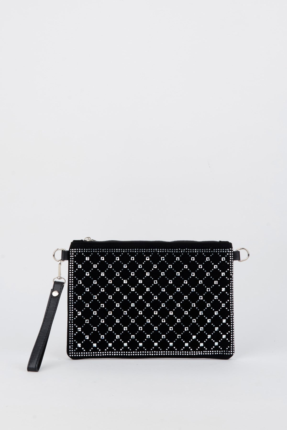 Kadın Kapitone Gümüş Taşlı Süet Bilek Askılı Ve Zincir Askılı Portföy El Ve Clutch Çanta