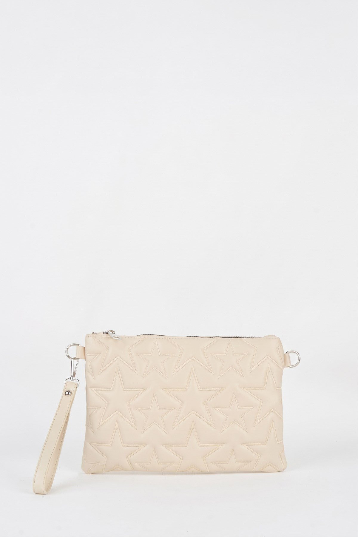 Kadın Krem Yıldız Nakışlı Suni Deri Bilek Ve Zincir Askılı Portföy El Ve Clutch Çanta