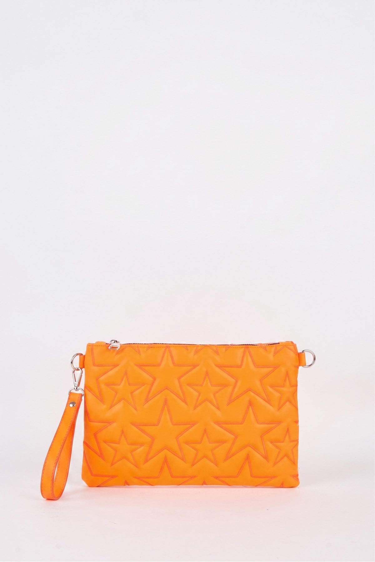 Kadın Neon Turuncu Yıldız Nakışlı Suni Deri Bilek Ve Zincir Askılı Portföy El Ve Clutch Çanta