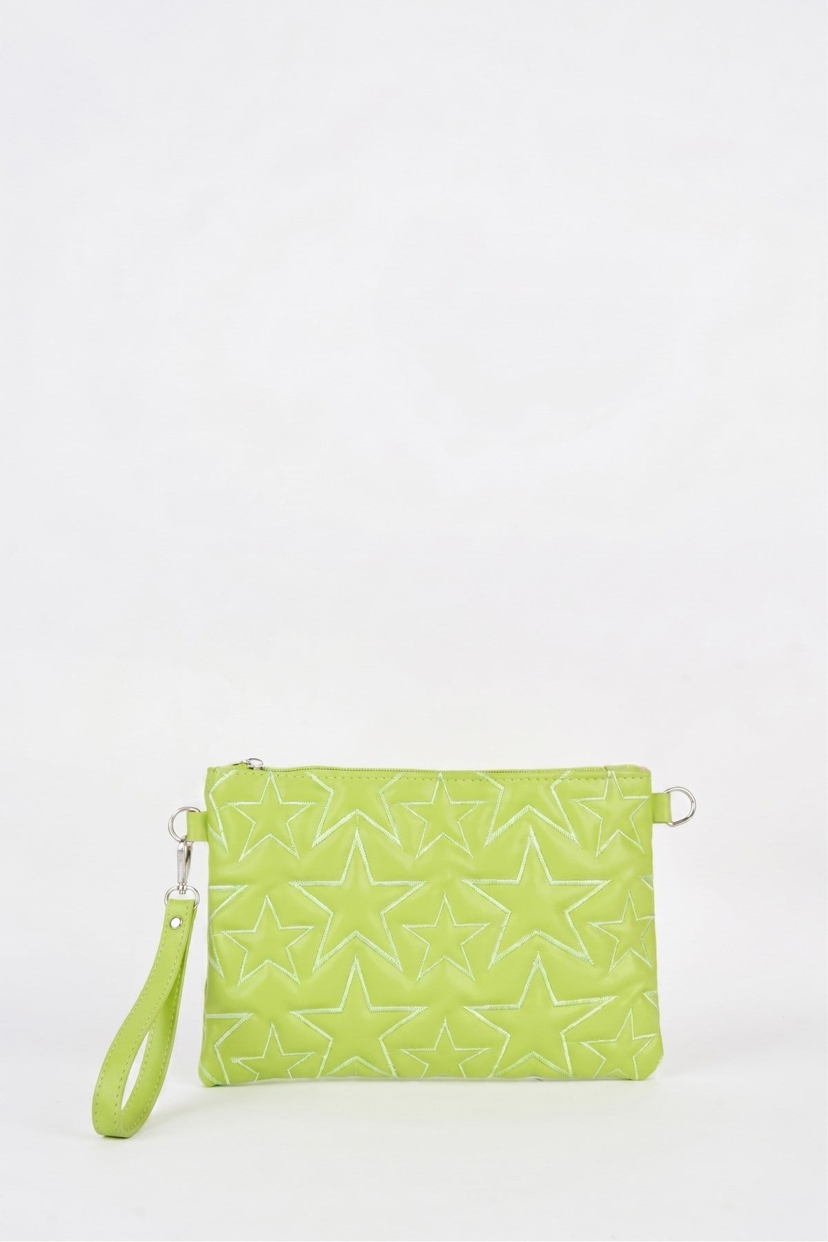 Kadın Neon Yeşil Yıldız Nakışlı Suni Deri Bilek Ve Zincir Askılı Portföy El Ve Clutch Çanta