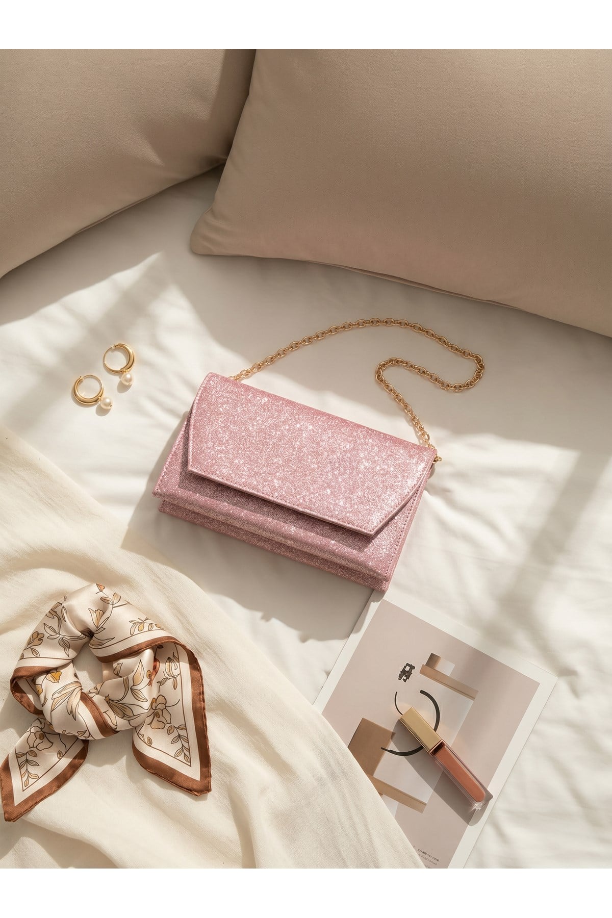 Kadın Pembe Simli Zarf Tasarım 2 Bölmeli Mini Zincir Askılı Çıt Çıt Kapama Clutch Ve El Çantası