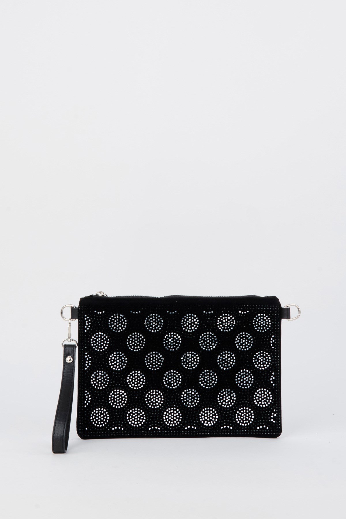 Kadın Puantiyeli Gümüş Taşlı Süet Bilek Askılı Ve Zincir Askılı Portföy Ve Clutch Çanta