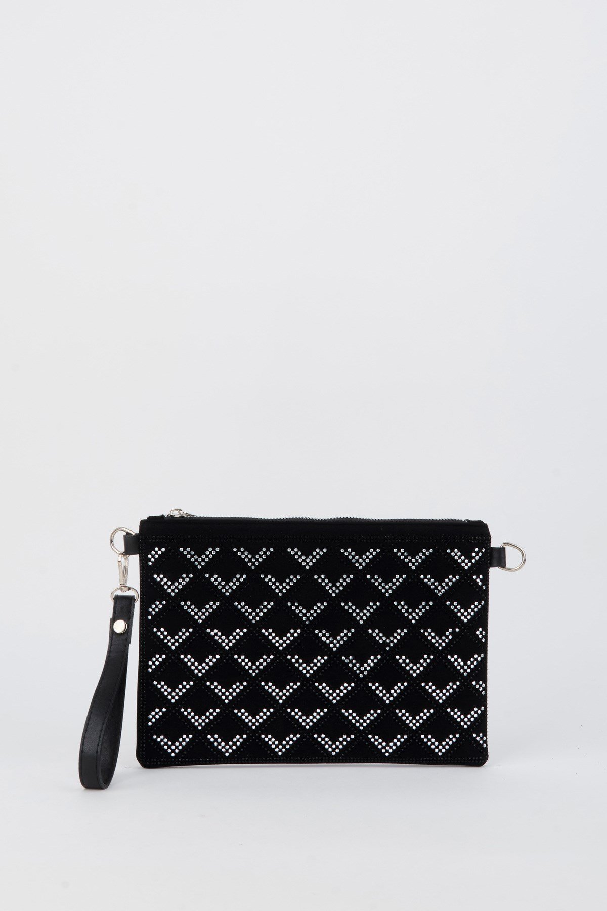 Kadın Sıralı V Gümüş Taşlı Süet Bilek Askılı Ve Zincir Askılı Portföy Ve Clutch Çanta