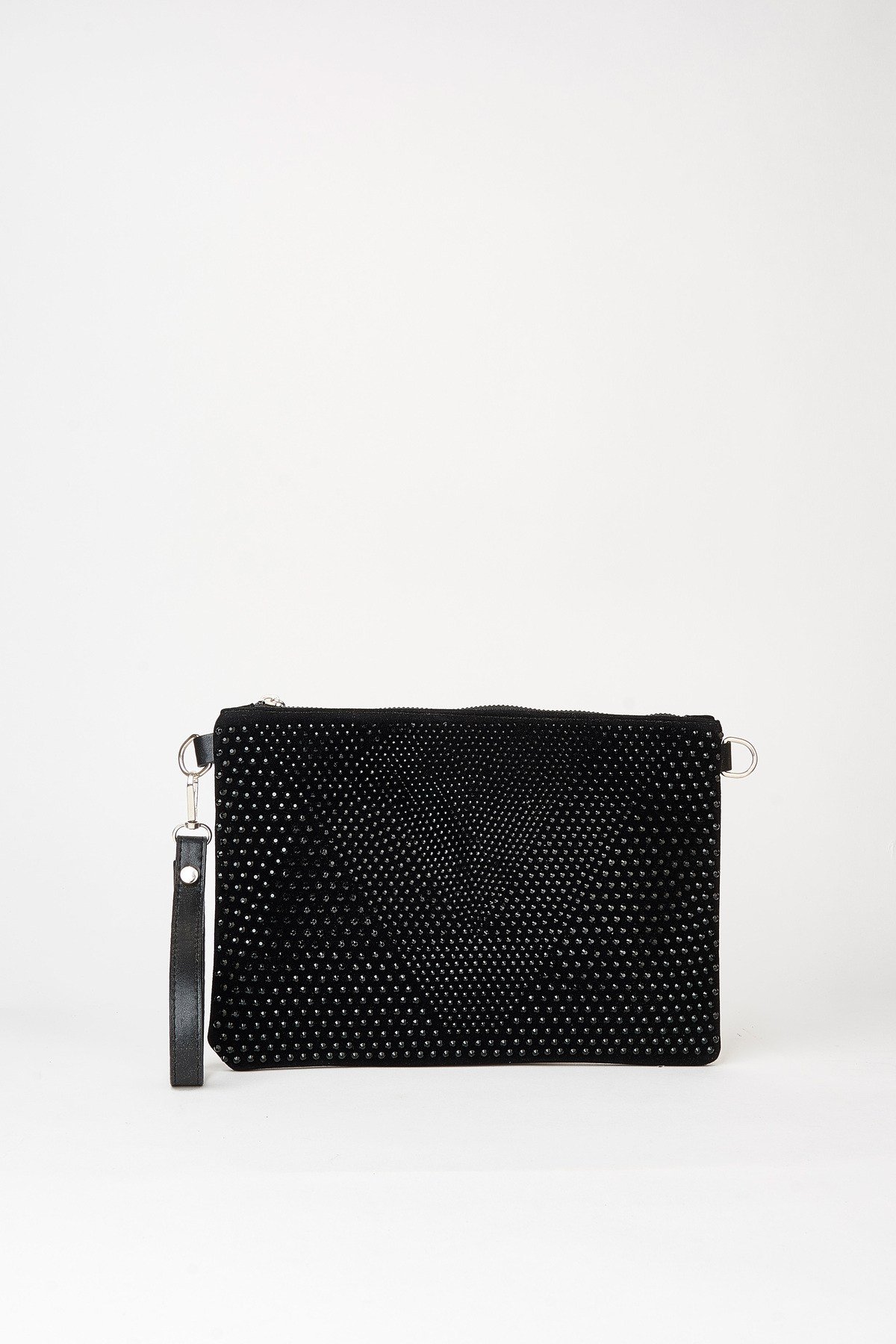 Kadın Siyah Taşlı Süet Bilek Askılı Ve Zincir Askılı Portföy El Ve Clutch Çanta