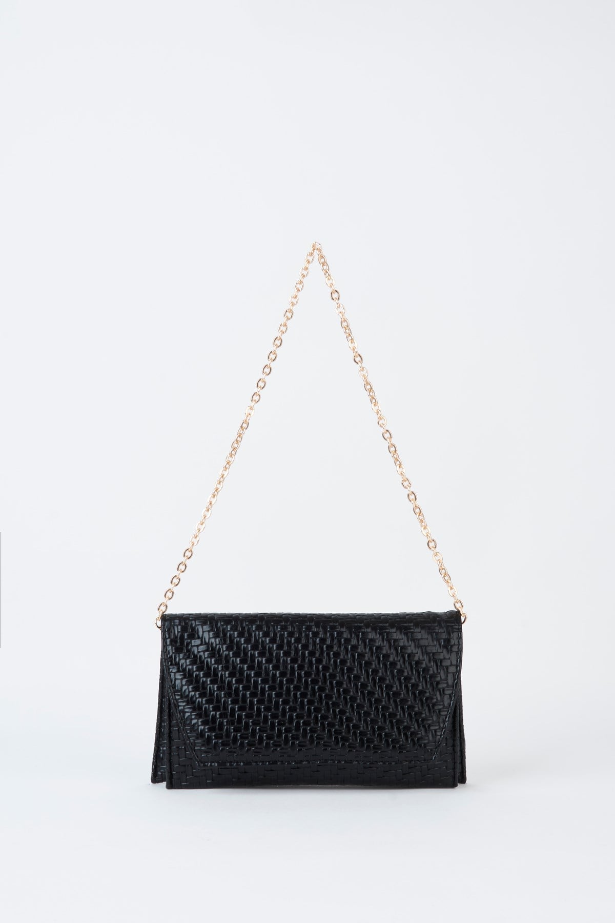 Kadın Siyah Zarf Hasır Örgü Tasarım 2 Bölmeli Mini Zincir Askılı Çıt Çıt Kapama Clutch Ve El Çantası