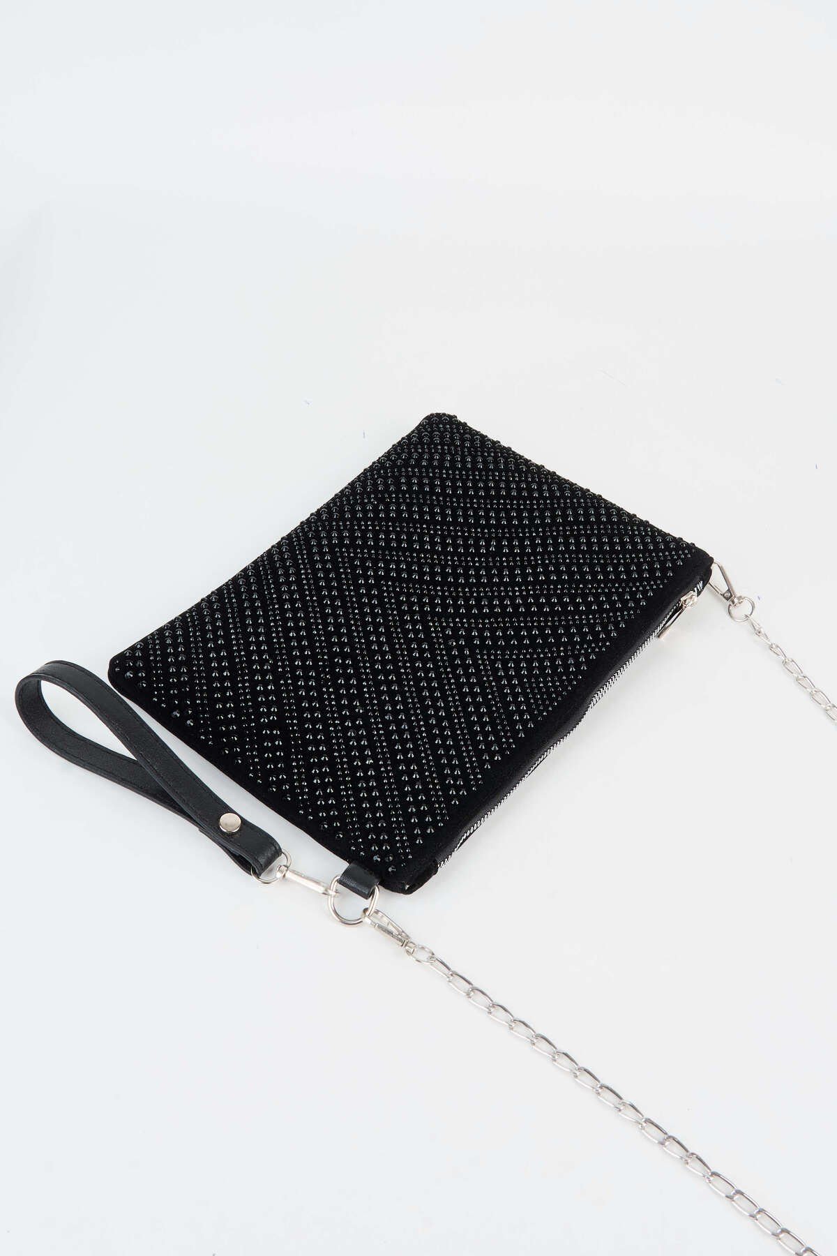 Kadın V Desen Siyah Taşlı Süet Bilek Askılı Ve Zincir Askılı Portföy El Ve Clutch Çanta