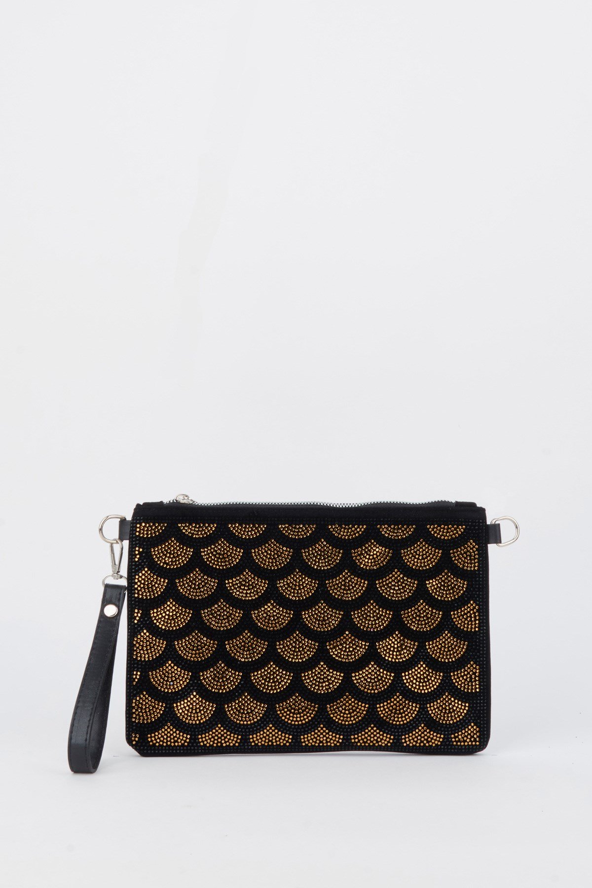 Kadın Yelpazer Altın Taşlı Süet Bilek Askılı Ve Zincir Askılı Portföy El Ve Clutch Çanta