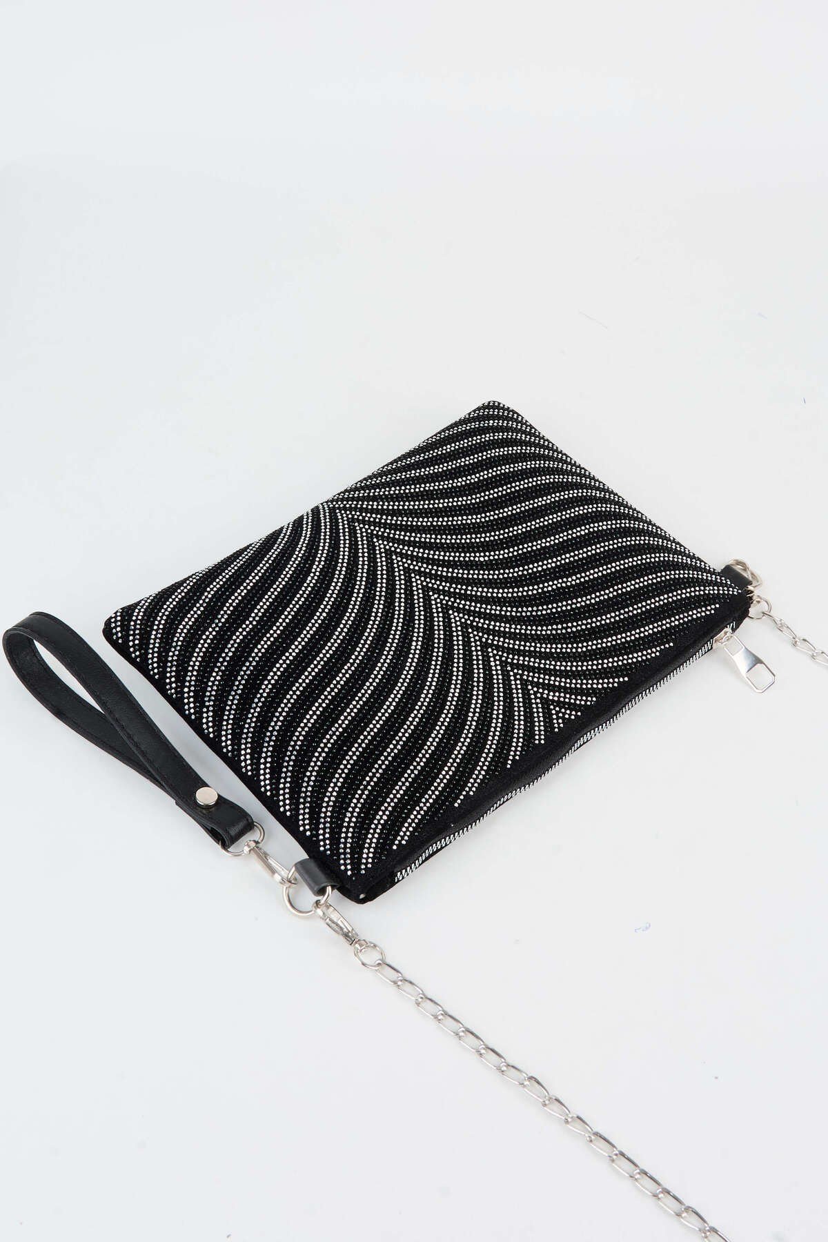 Kadın Zebra Gümüş Taşlı Süet Bilek Askılı Ve Zincir Askılı Portföy El Ve Clutch Çanta