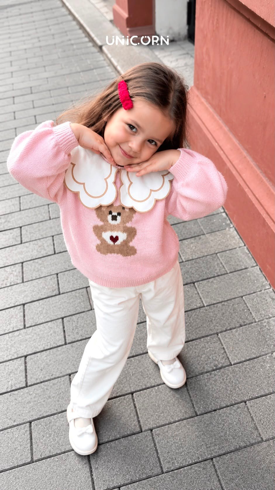 AYICIK APLİKELİ BEBE YAKALI PEMBE HIRKA VE PANTOLON TAKIMI