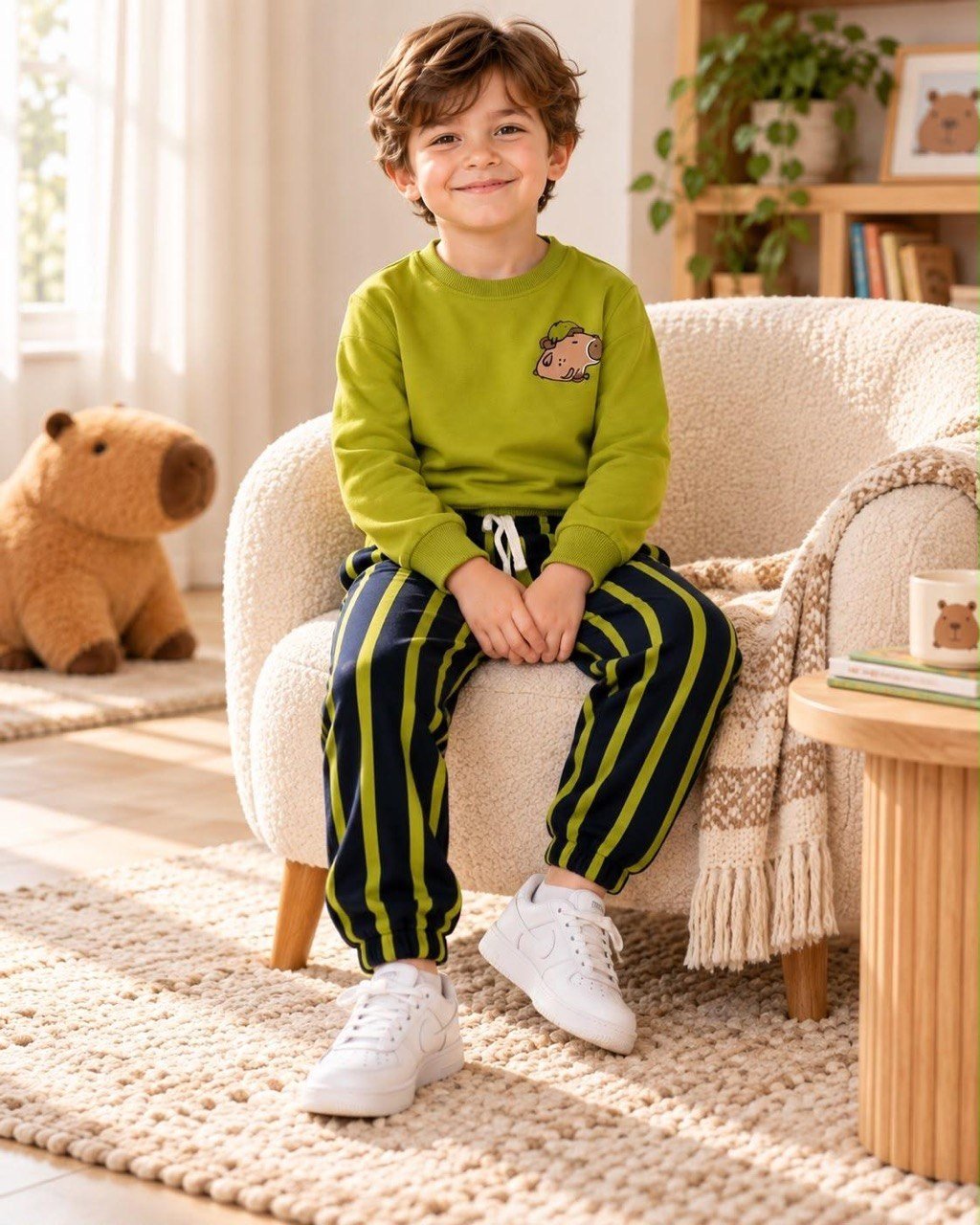 FISTIK YEŞİLİ KAPİBARA NAKIŞLI SWEATSHİRT VE ÇİZGİLİ ALT TAKIM