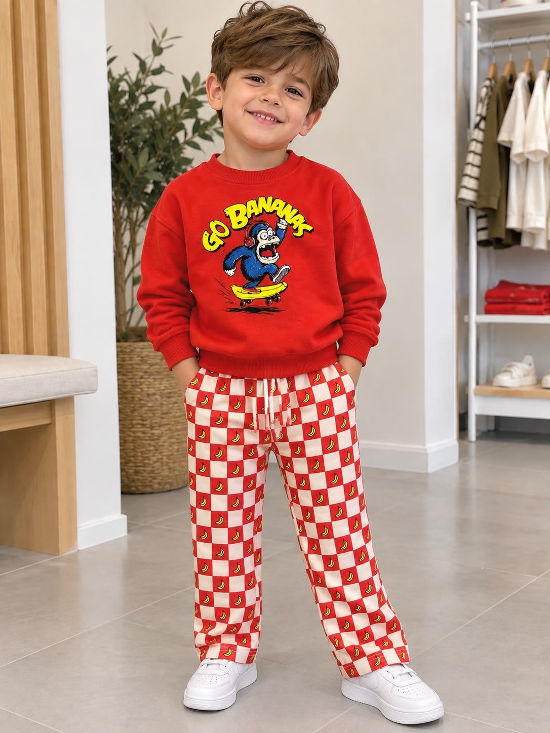 KIRMIZI KAYKAYCI MAYMUN BASKILI SWEATSHİRT VE PANTOLON TAKIMI