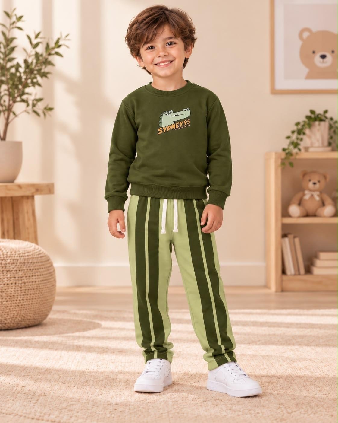 TİMSAH BASKILI SWEATSHİRT VE ÇİZGİLİ PANTOLON TAKIM