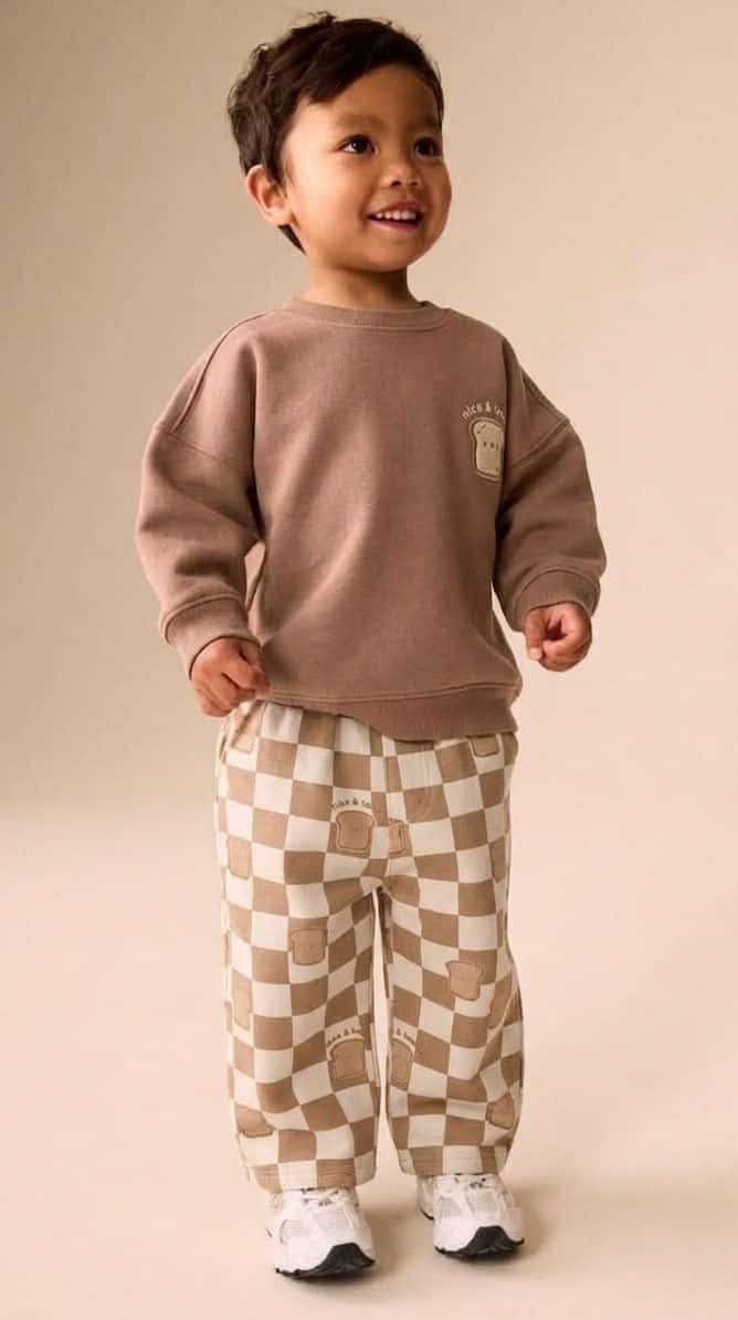 TOPRAK RENGİ SWEATSHİRT DAMA DESENLİ ALT 2 Lİ TAKIM