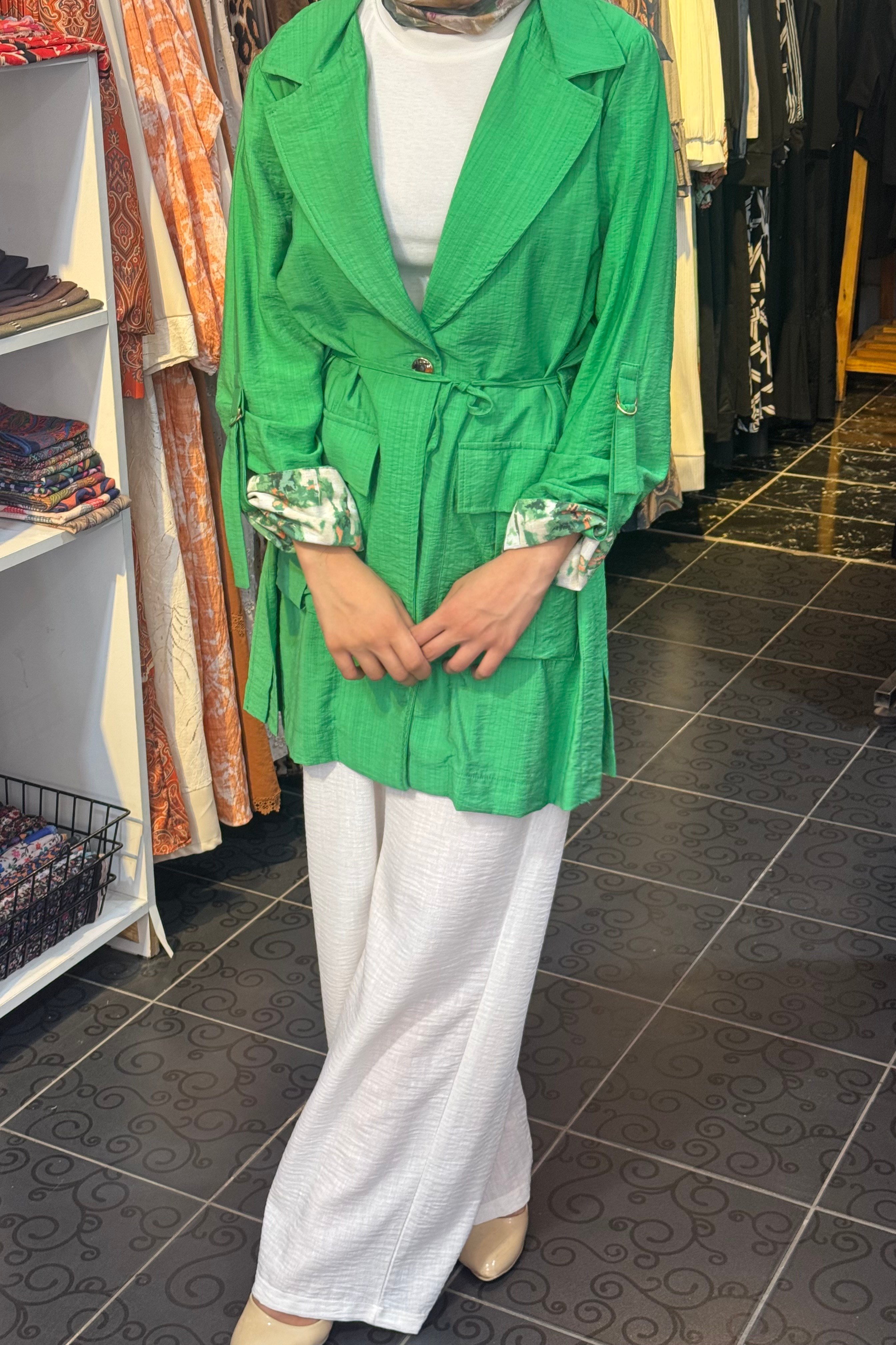Keten Bel Bağlamalı Blazer Ceket YEŞİL