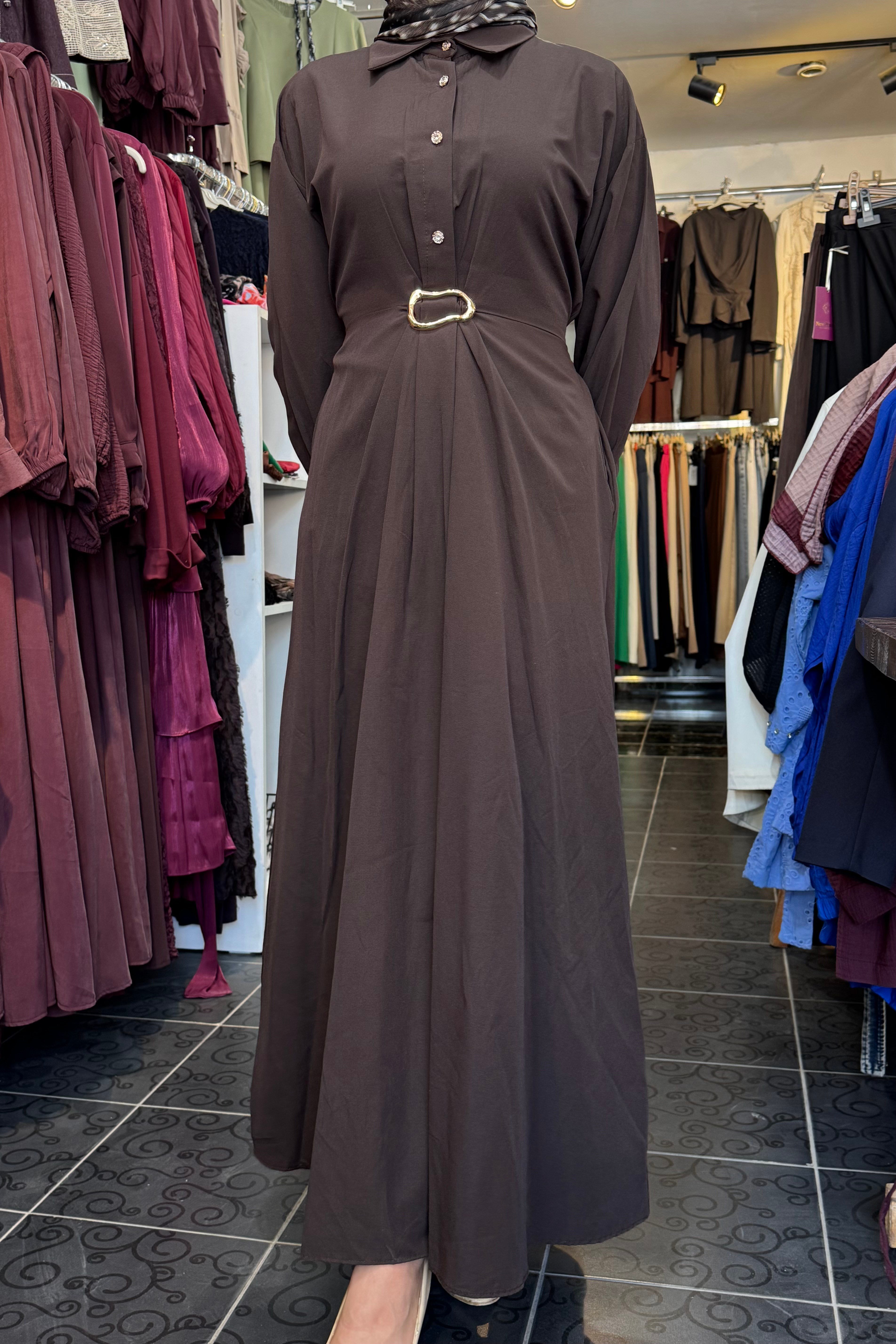 Poplin Tokalı Elbise KAHVE