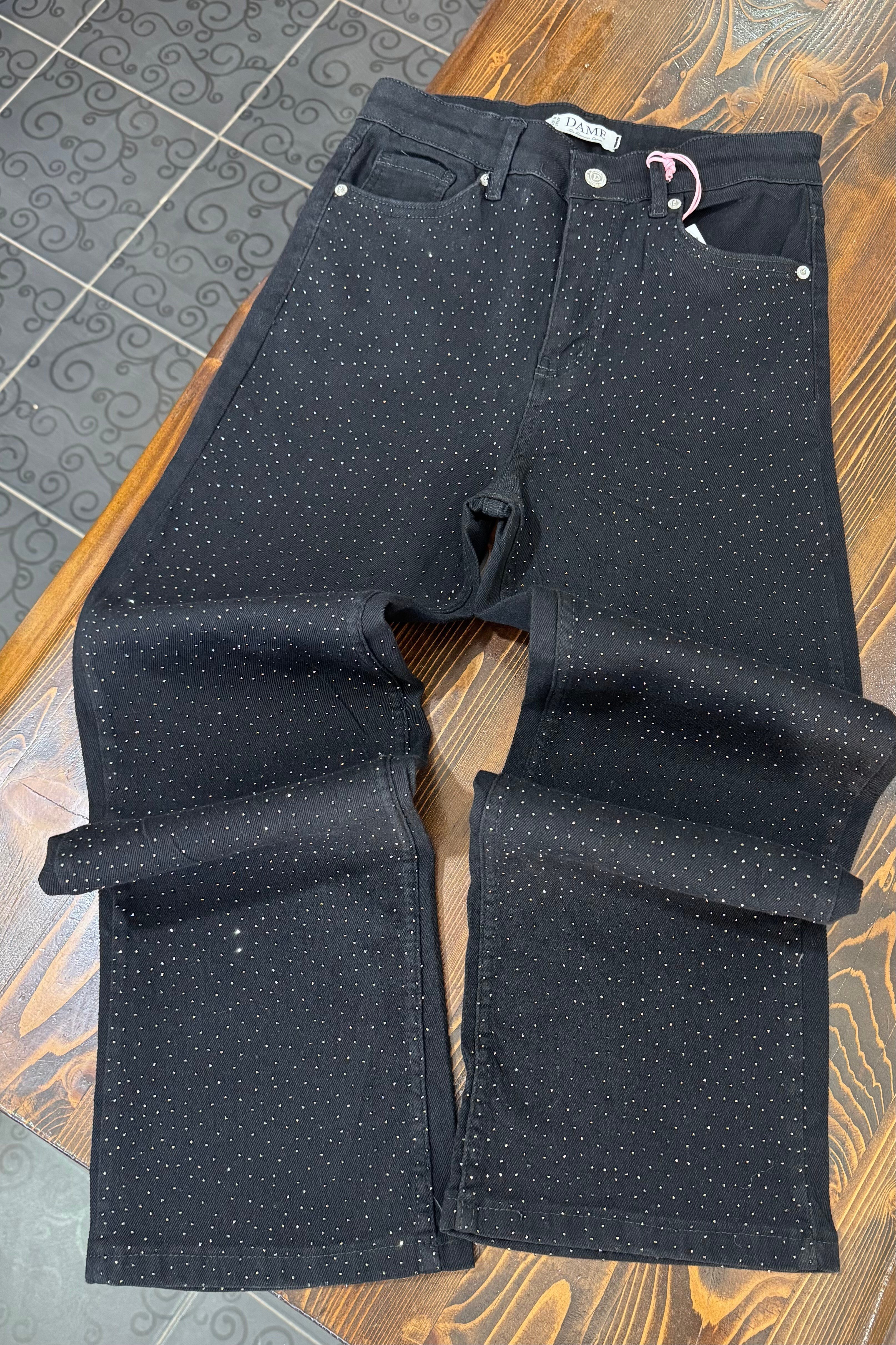 Taşlı Bol paça Kot Pantolon SİYAH