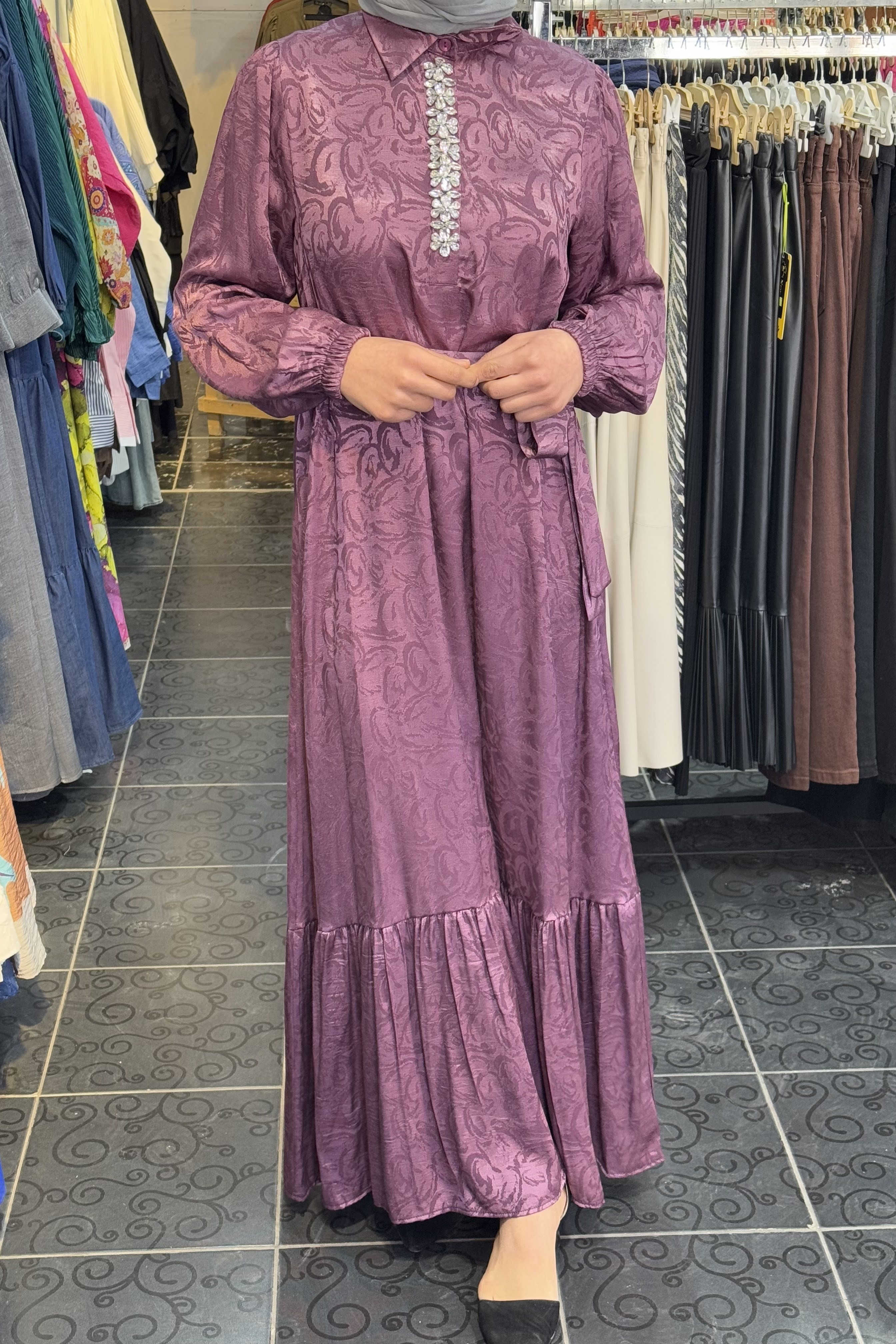 Taşlı Jakarlı Elbise MOR
