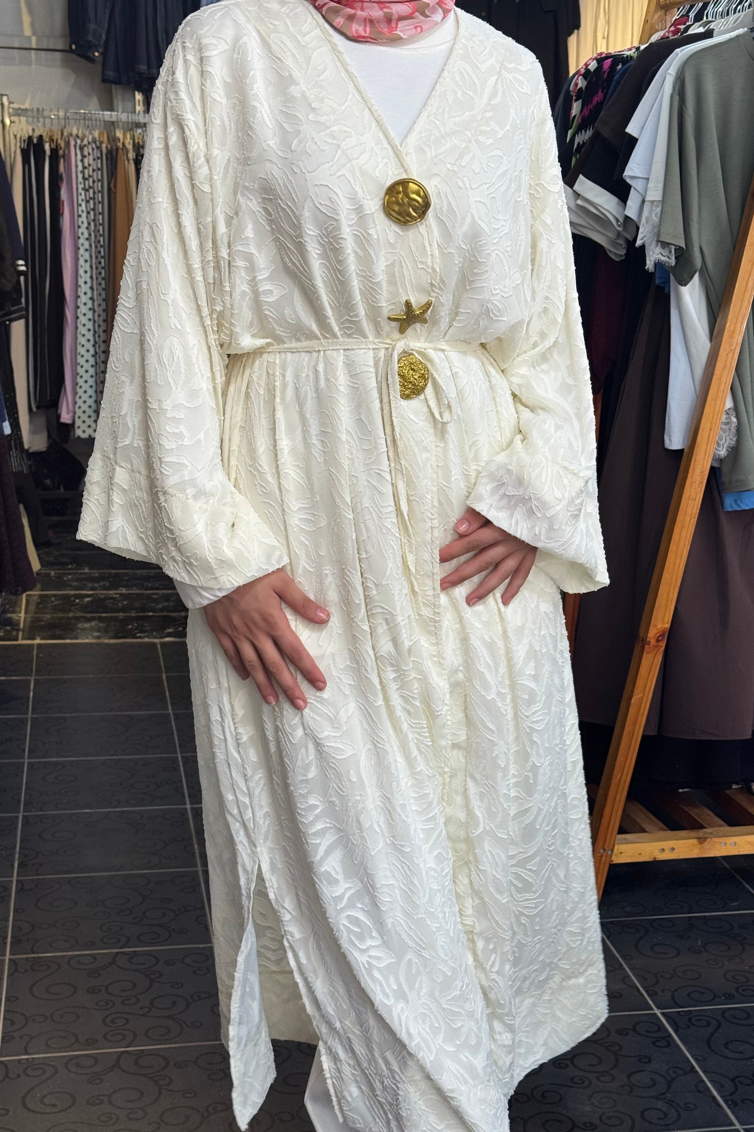 Uzun Boy Abaya Kimono KIRIK BEYAZ